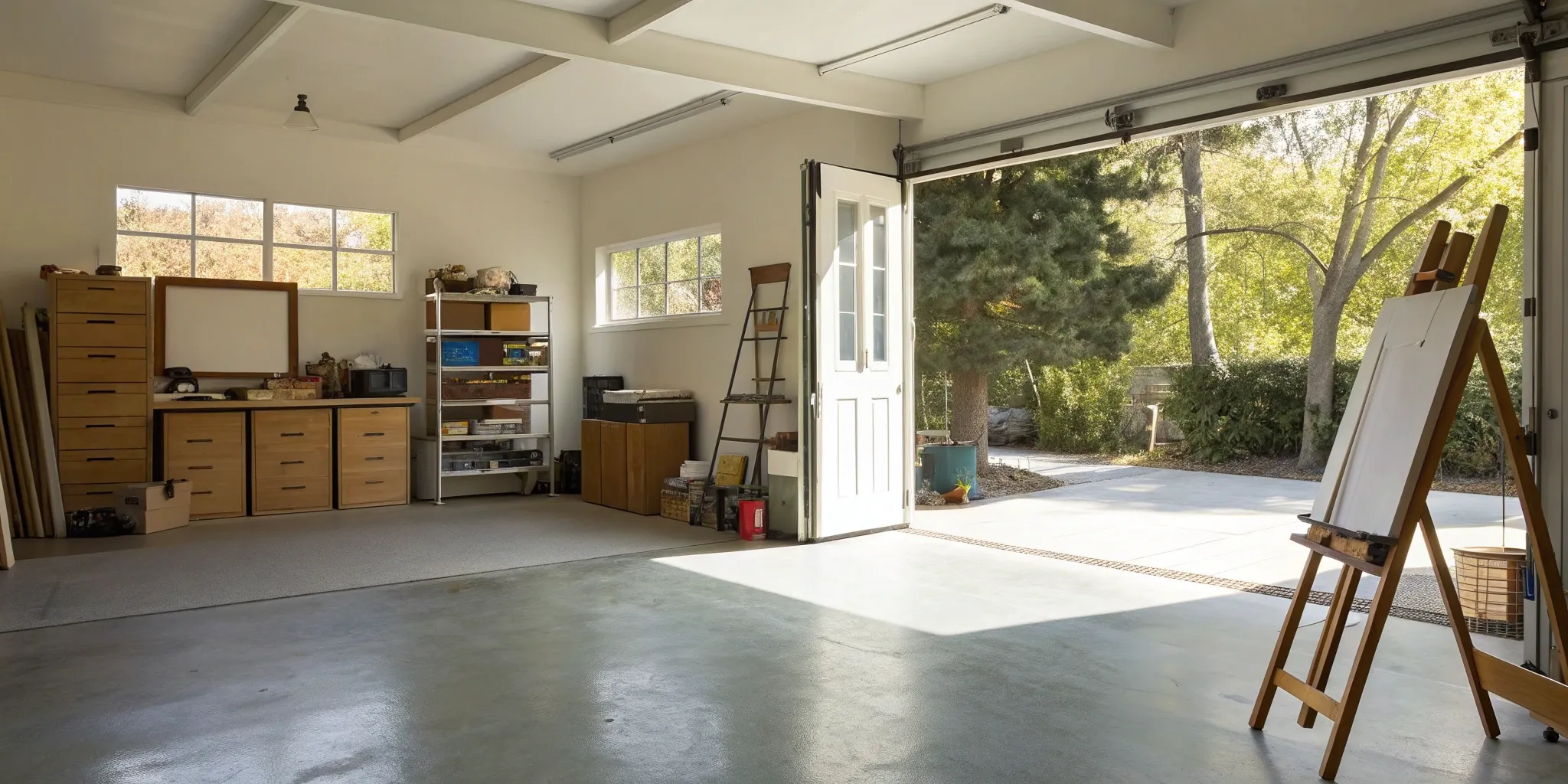 A garage with an art easel, an example of what it costs to convert a garage into a studio.