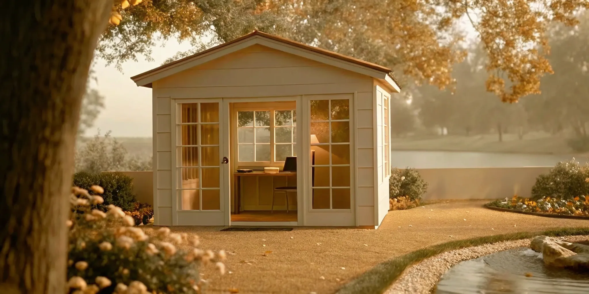 A modern backyard office shed with a bathroom, featuring a wood exterior and large windows.