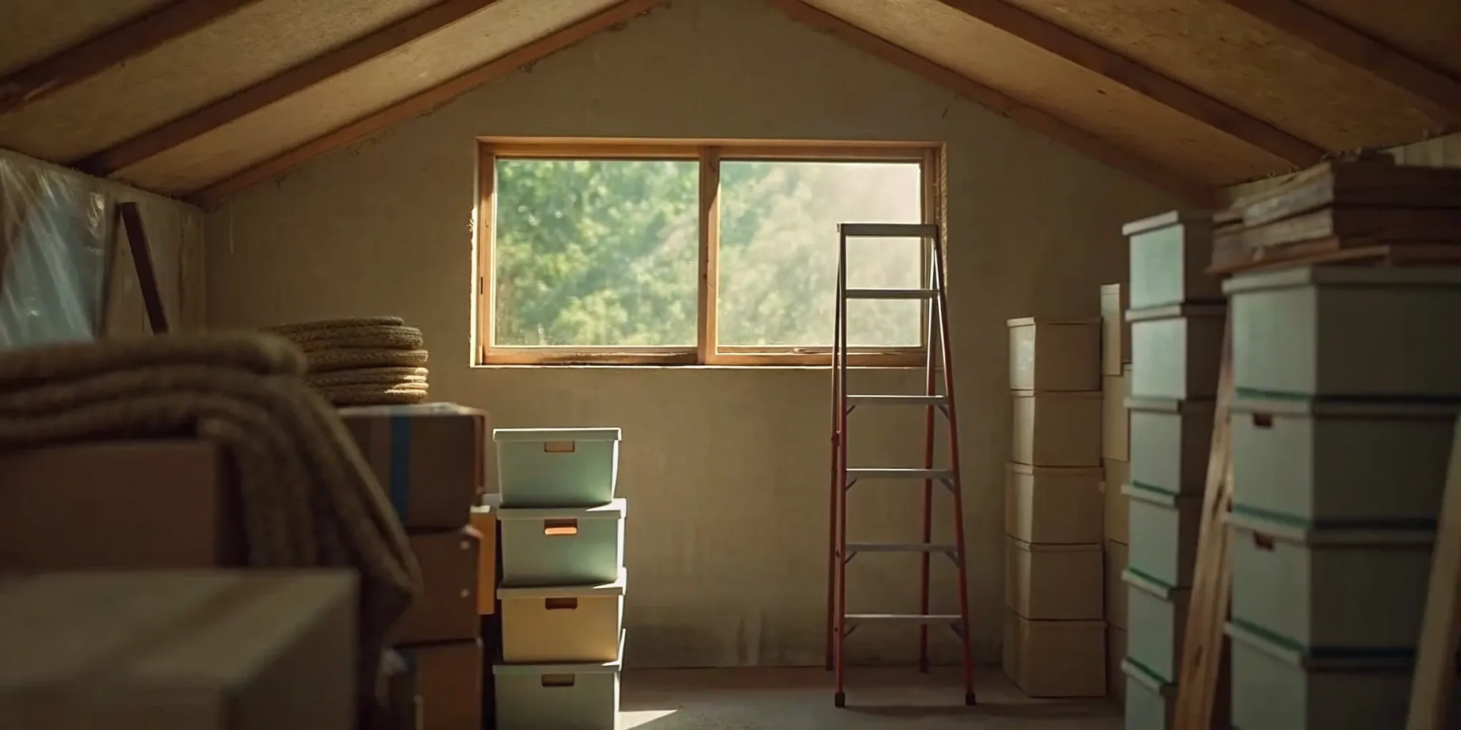 A finished attic for storage with organized boxes and new flooring.
