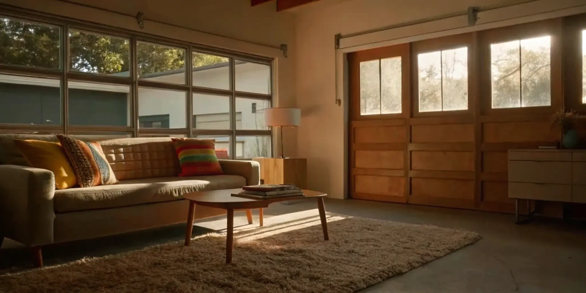 Inspiring garage to living space conversion with a modern sofa, coffee table, and plenty of natural light.