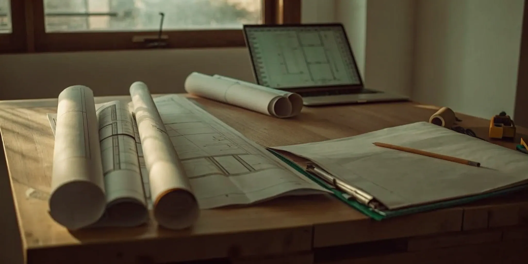 Comparing home renovation bids with blueprints and a laptop.