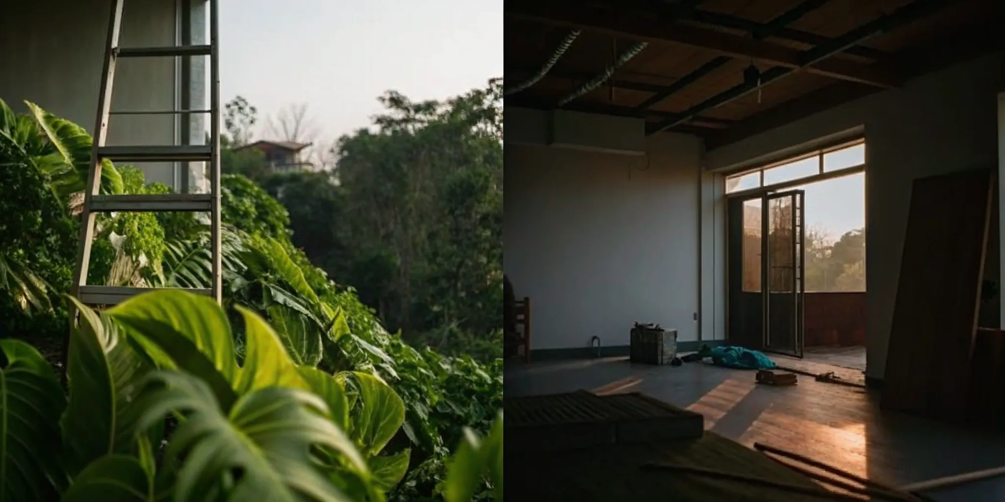 Residential remodel construction in progress with a ladder outside and an unfinished interior.