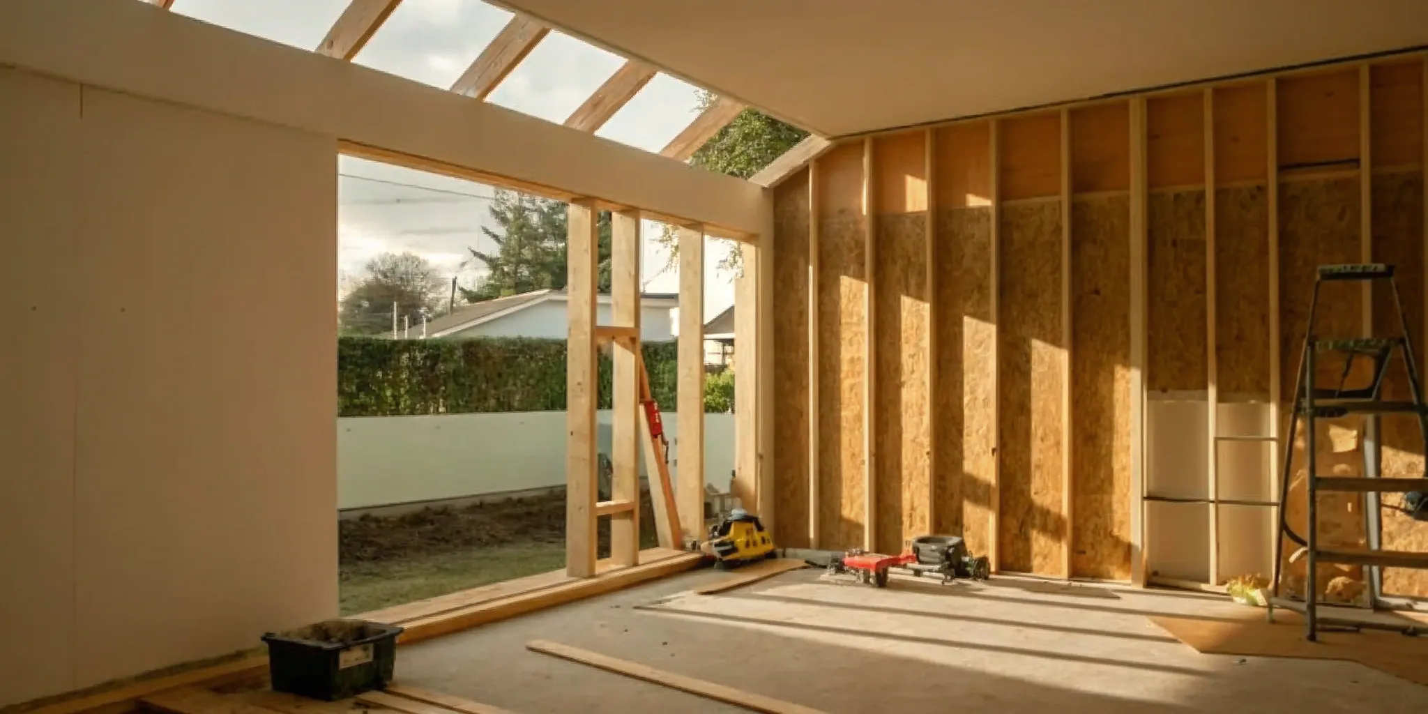Exposed wood framing of a new room, a key part of the total cost to build a home addition.