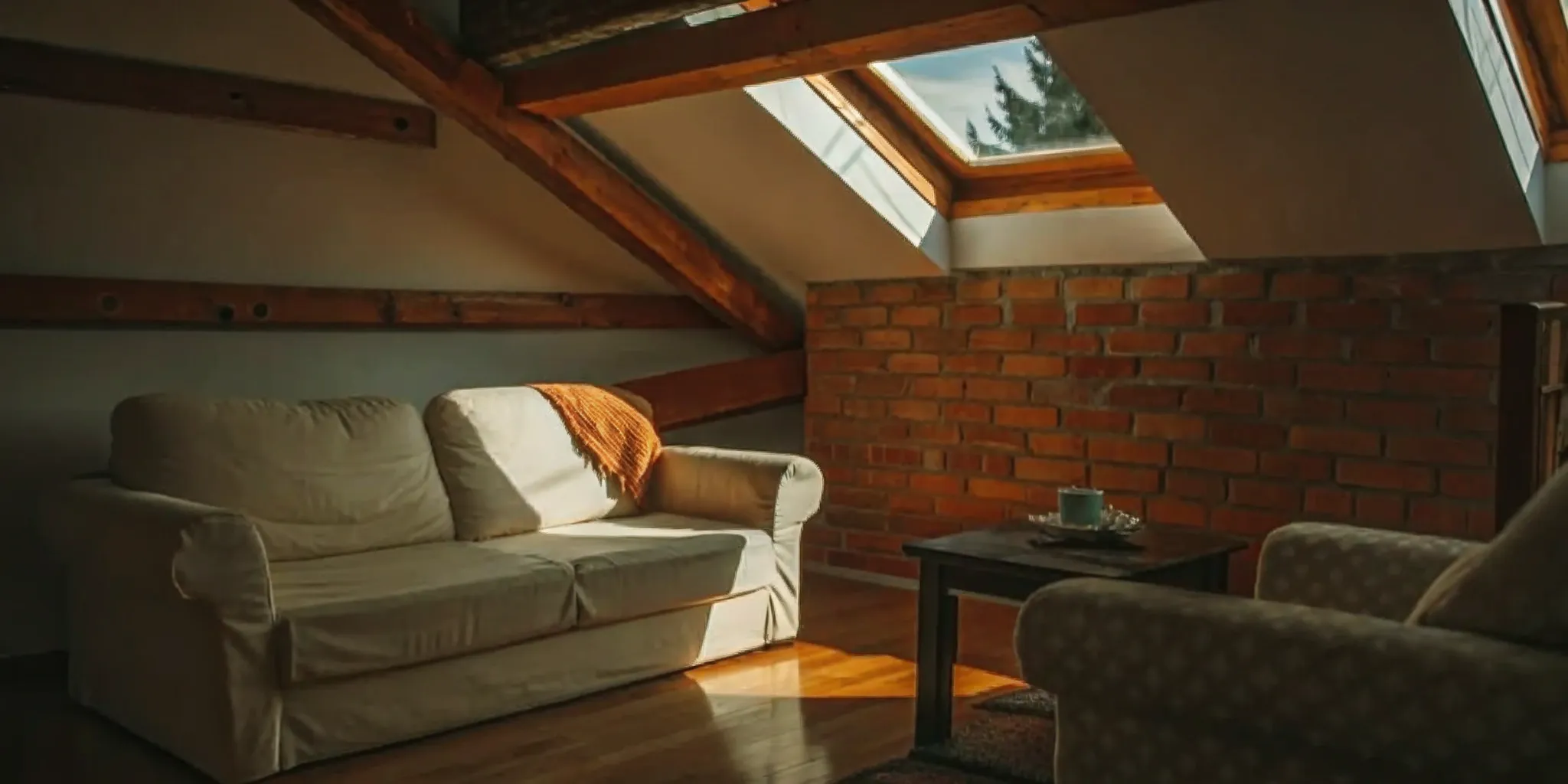 How much it costs to convert an attic to a living space with a sofa, brick wall, and skylight.