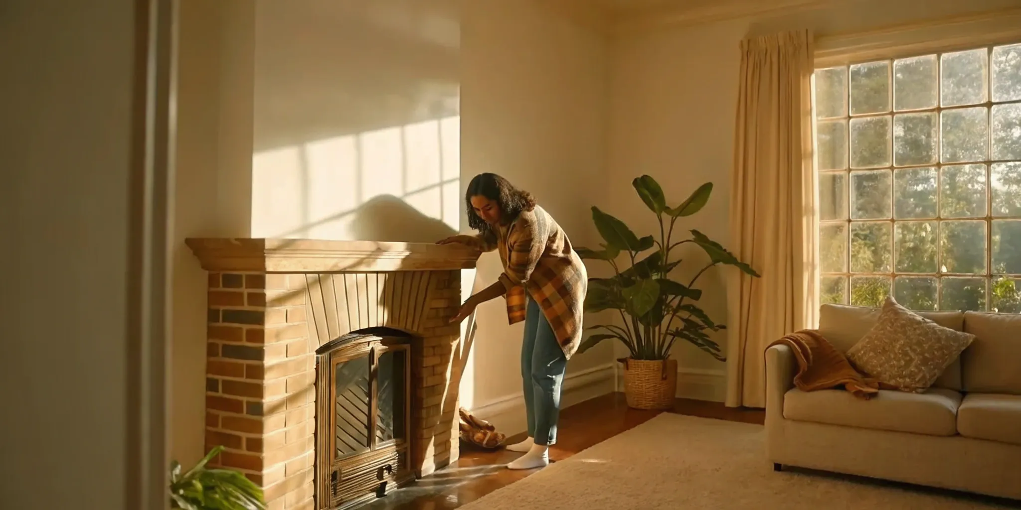 Woman cleaning a fireplace during the fire restoration process.