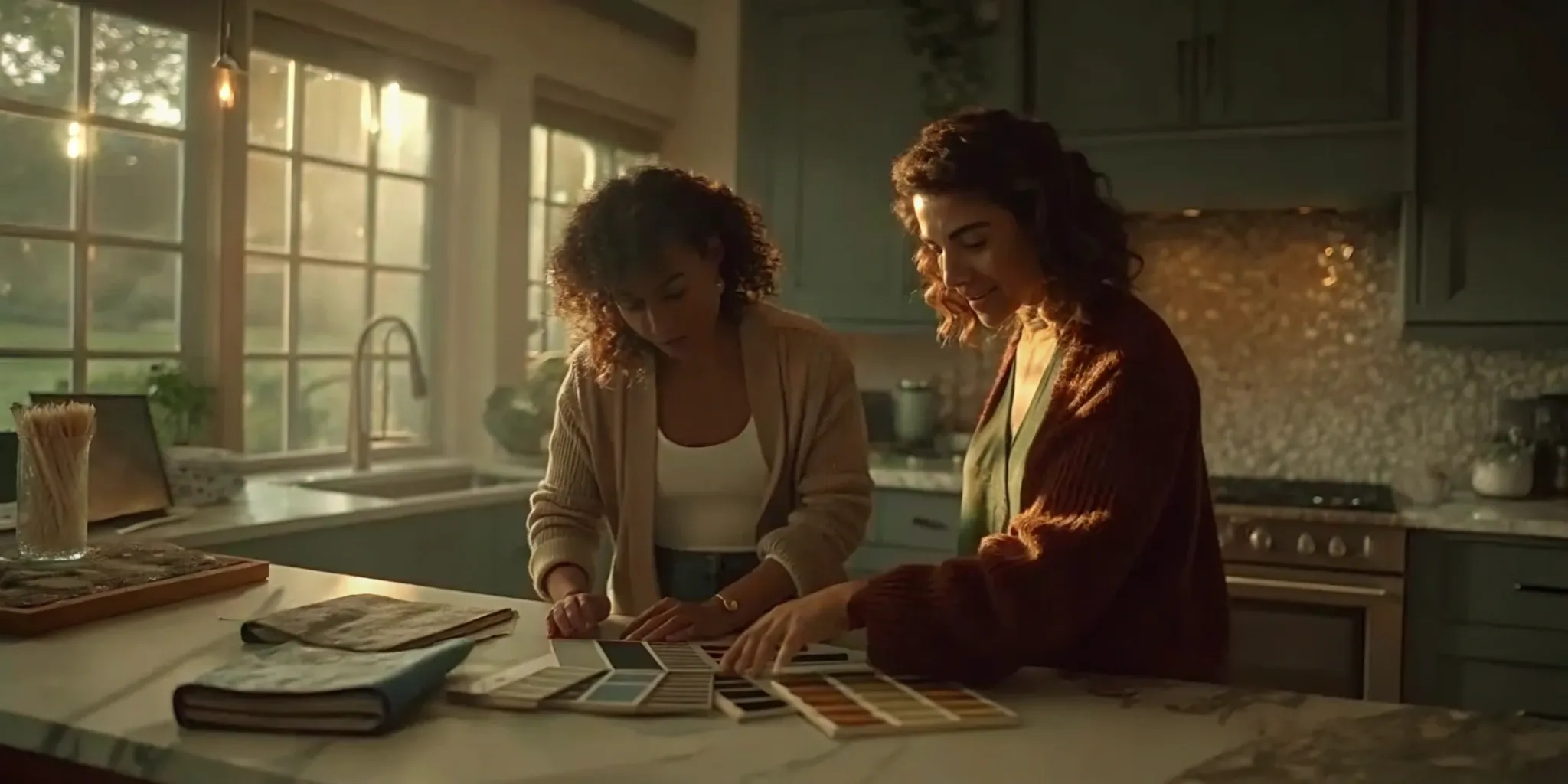 Two women use color swatches to plan if $10,000 is enough for a kitchen remodel.