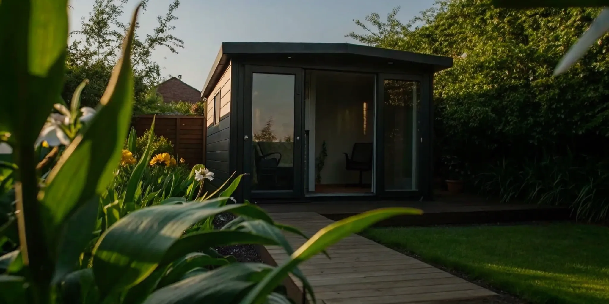 A newly built backyard office shed with modern glass doors and a wooden path in a garden.