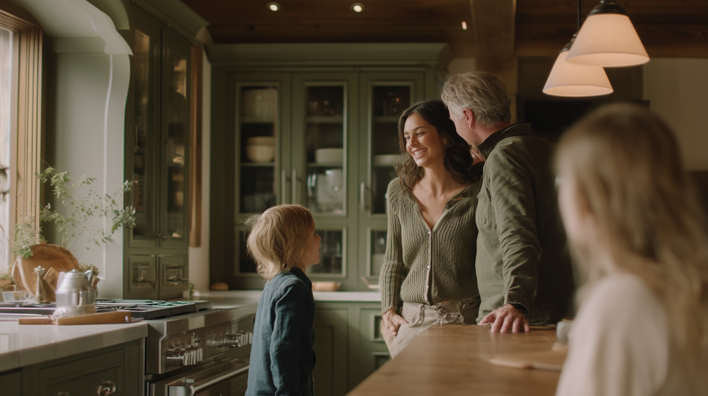 Family in renovated kitchen