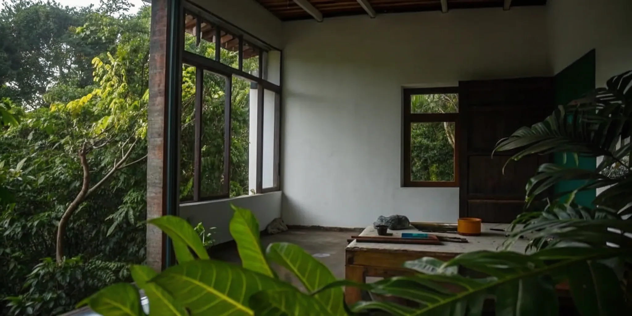 A modern residential construction renovation with an open-concept design and large windows.