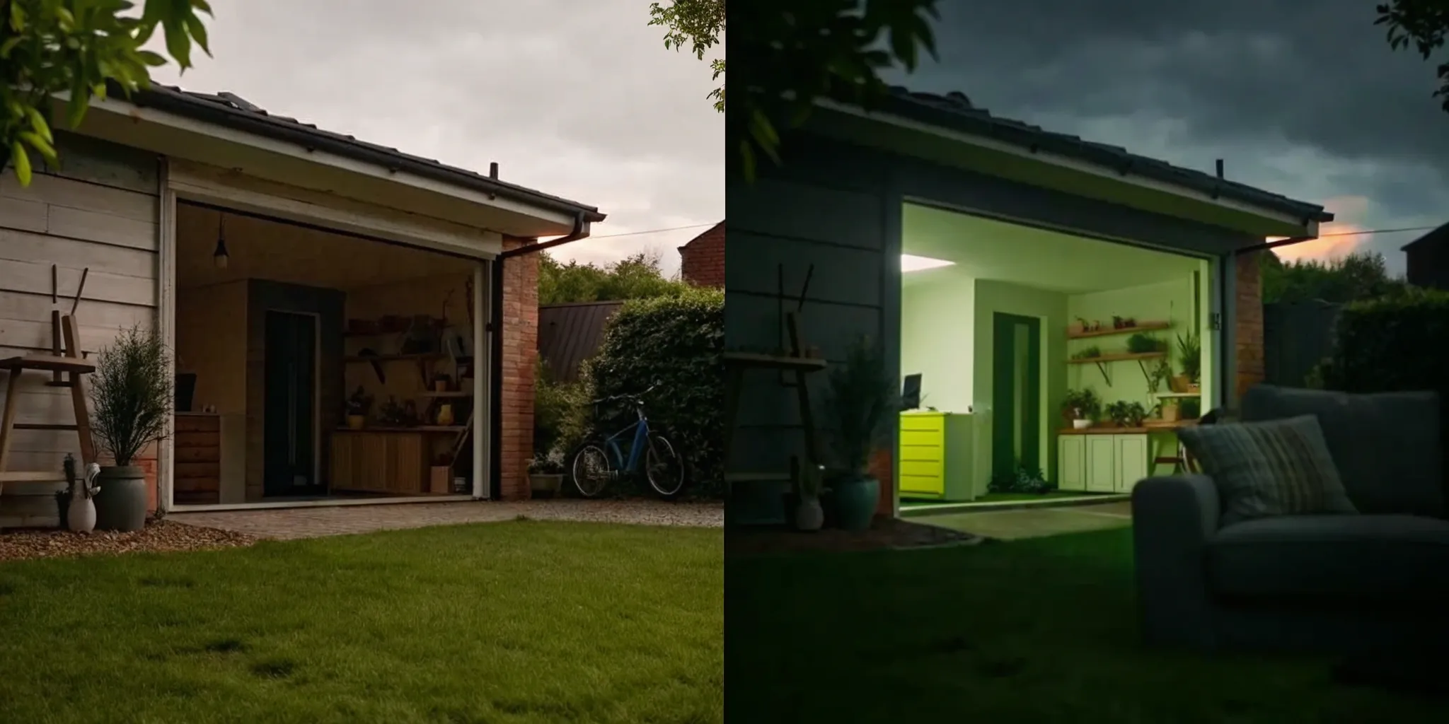 Before and after of a garage legally converted into a new living space.