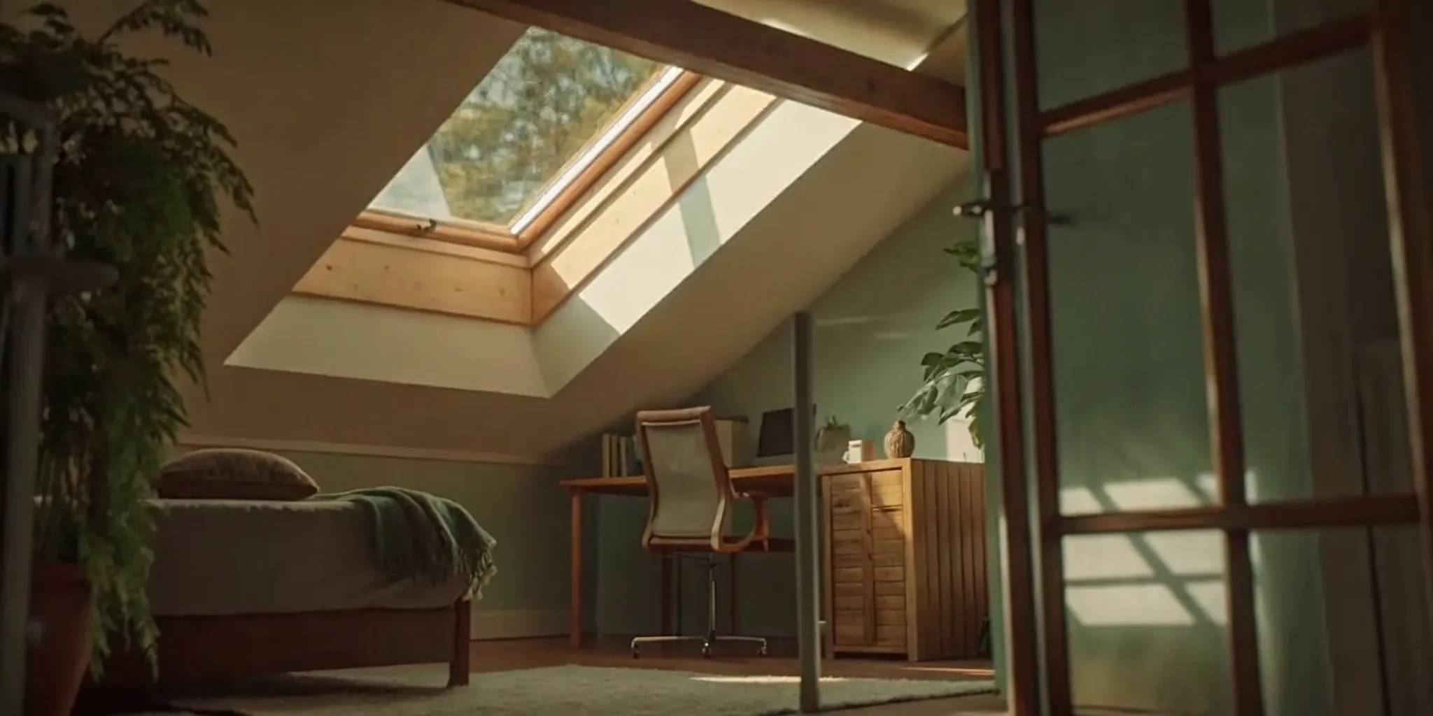 A budget-friendly attic renovation idea featuring a cozy home office and bedroom space.