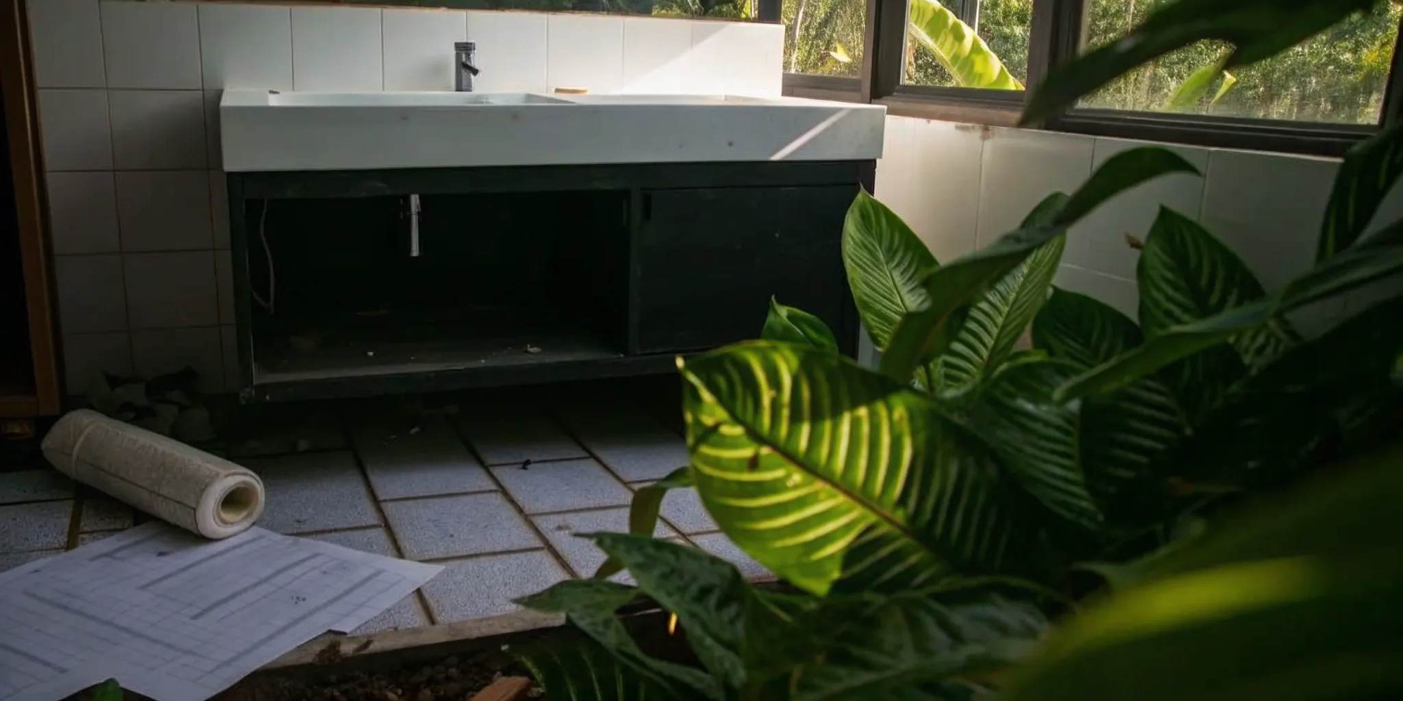 Floor plans for an average bathroom renovation timeline laid out on a bathroom counter.