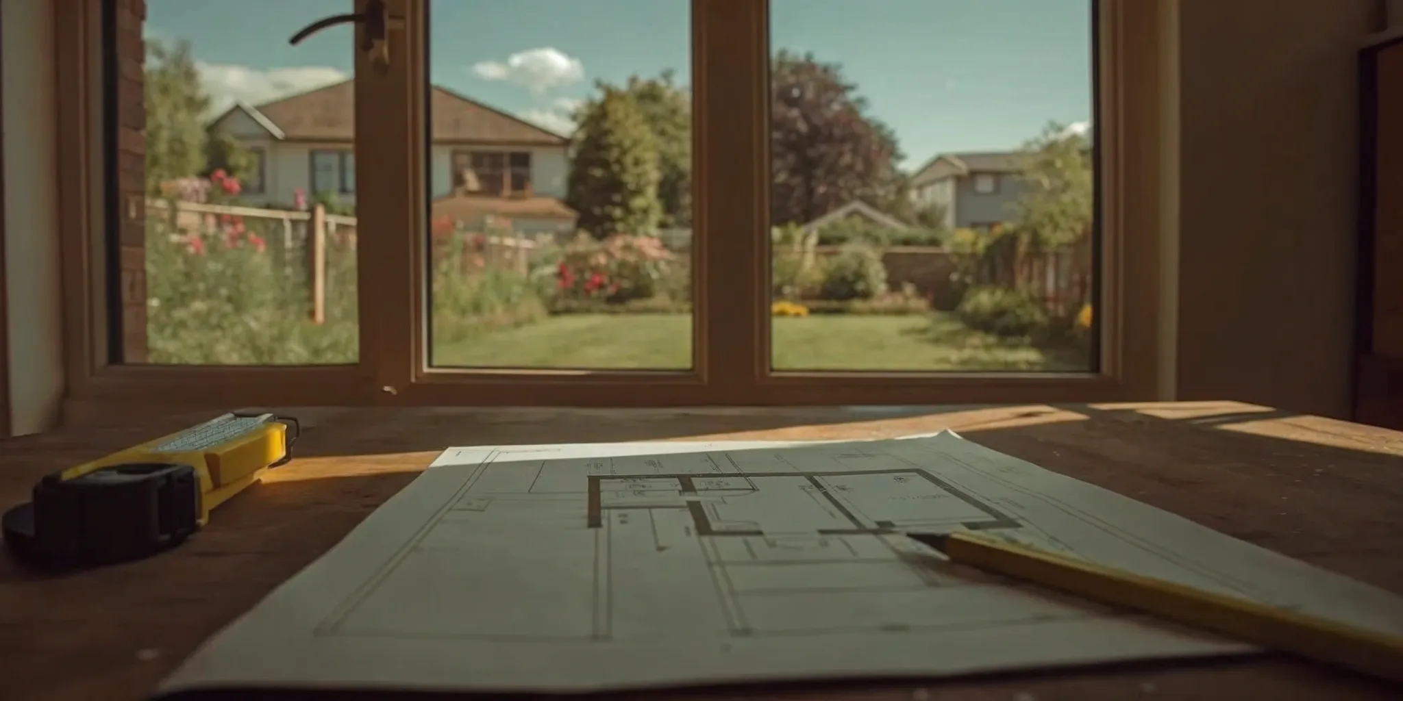 Applying for a home addition building permit with architectural plans and a measuring tape.