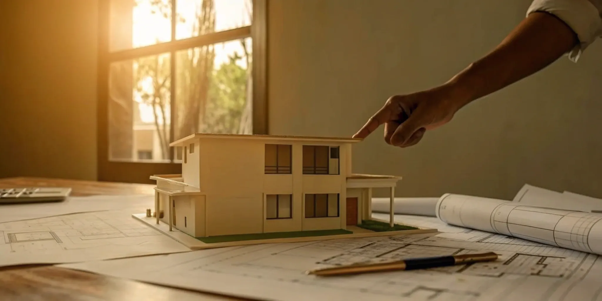 Homeowner and general contractor reviewing blueprints and a model for a home remodel.