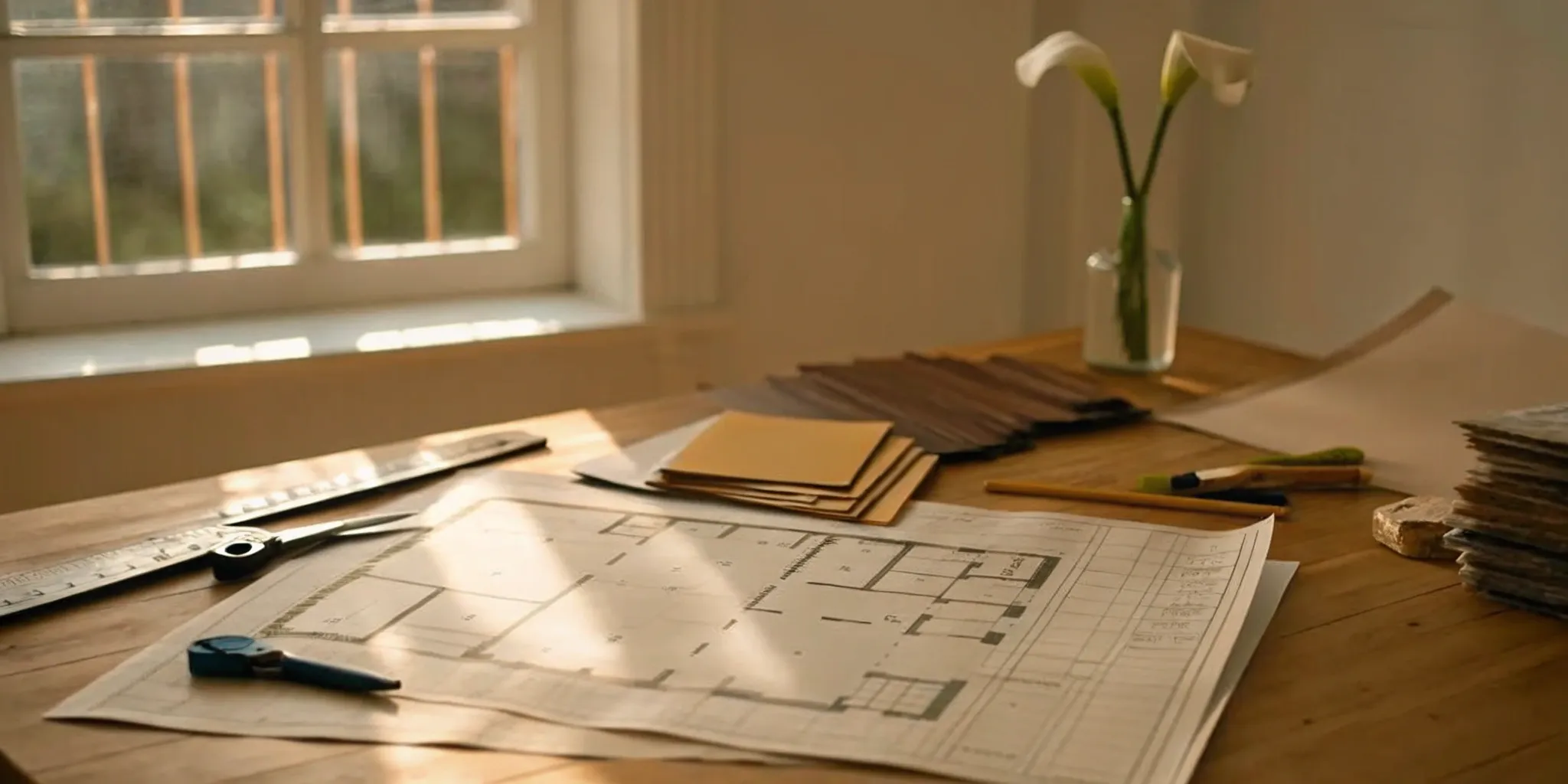 Creating a home renovation project plan with blueprints, budget sheets, and material samples.