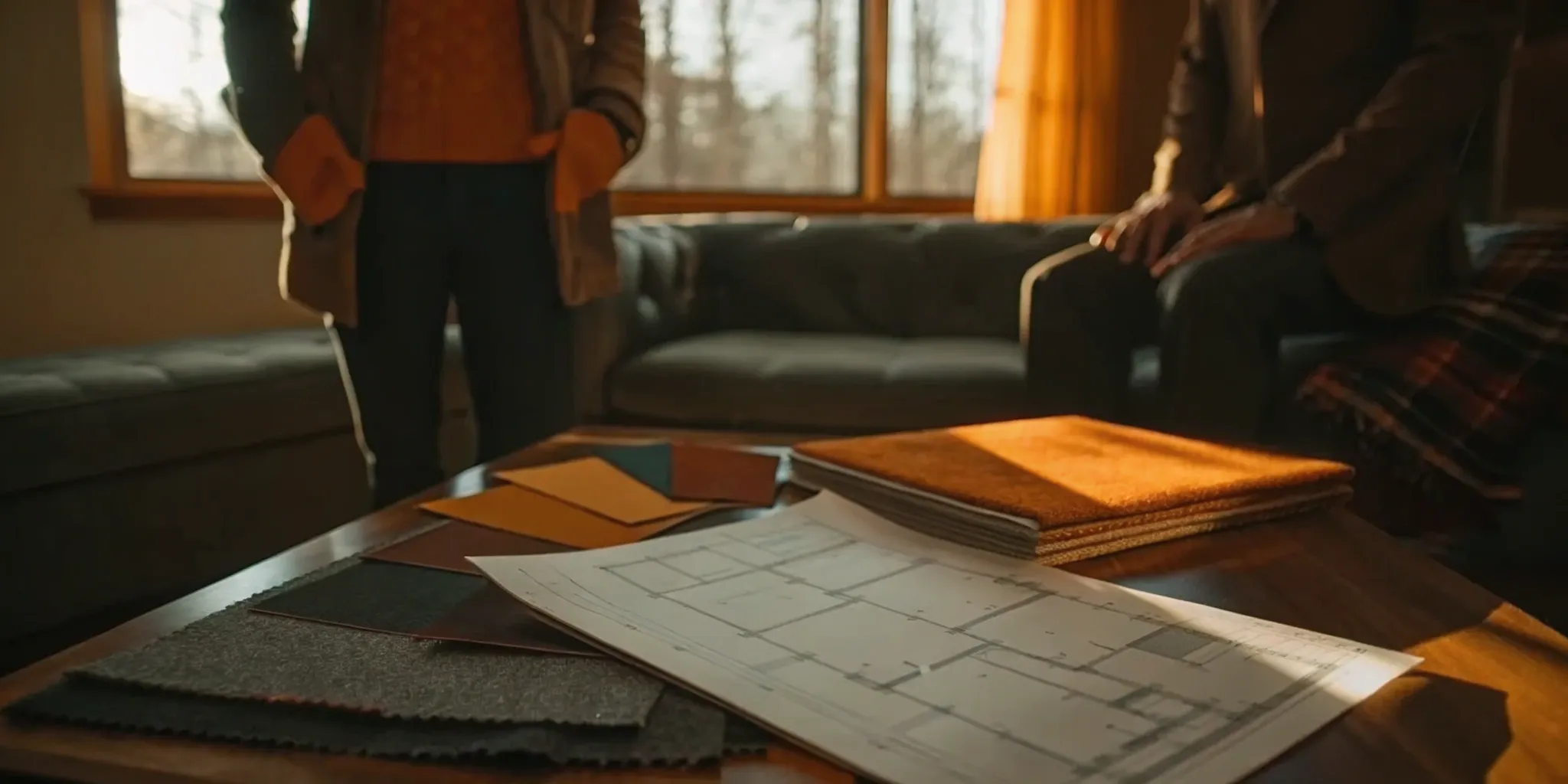 Two people review architectural plans, asking a general contractor key questions before hiring.