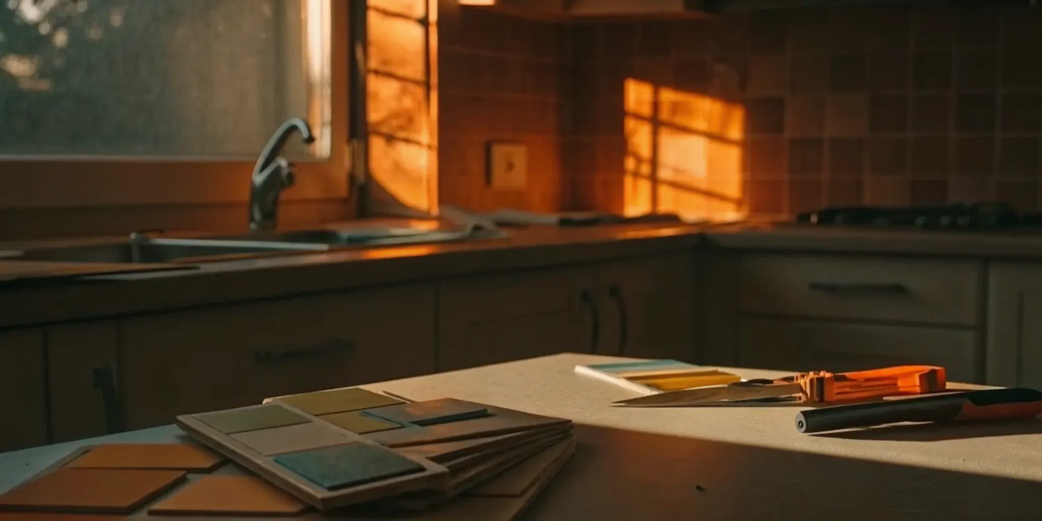 Planning how long a kitchen remodel takes with material samples and floor plans on a countertop.