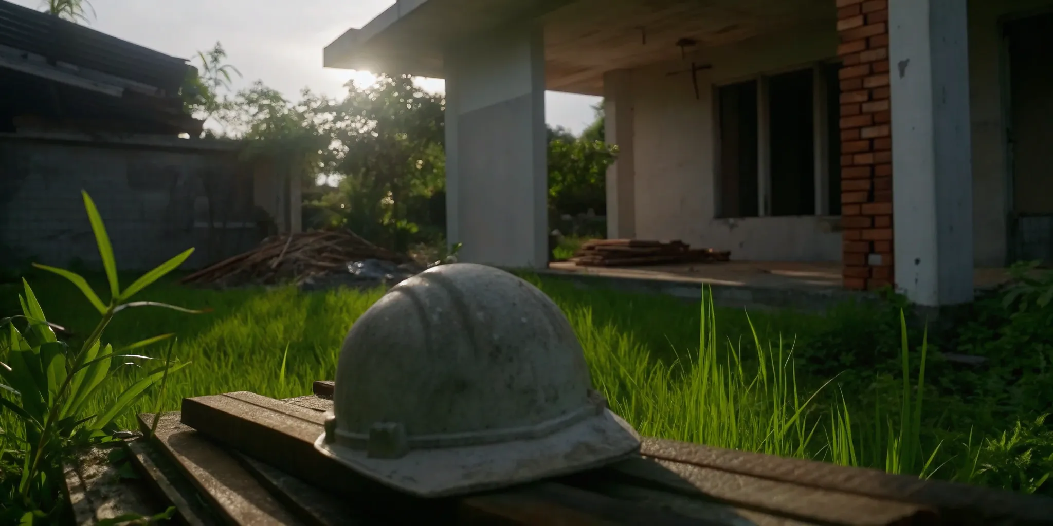Unfinished construction site abandoned after building without a permit.