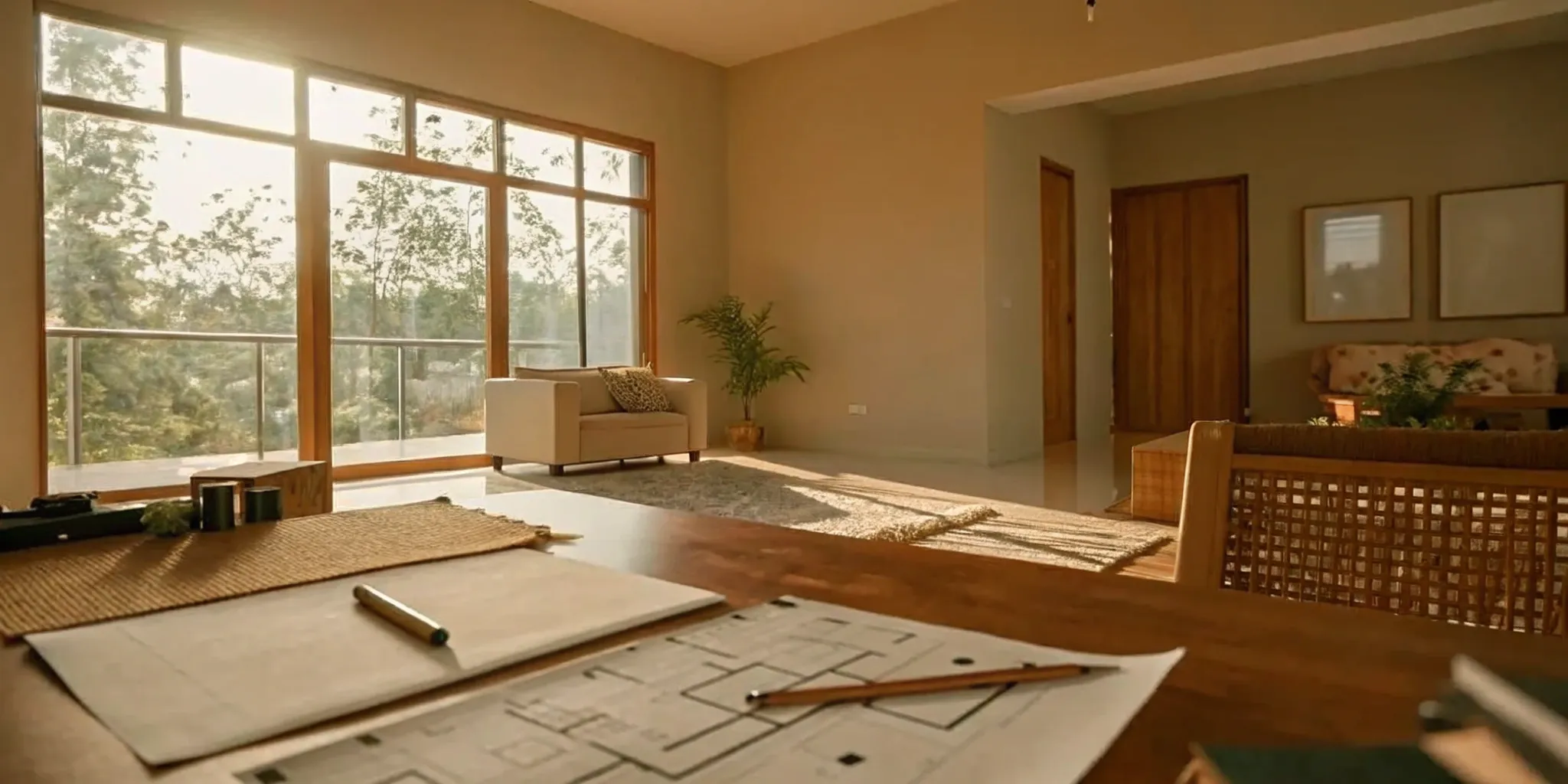 Planning a whole house remodel with blueprints and a laptop on a desk.