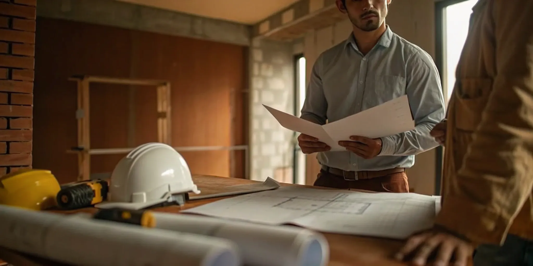 Contractor reviewing building permit timeline and plans with a homeowner.