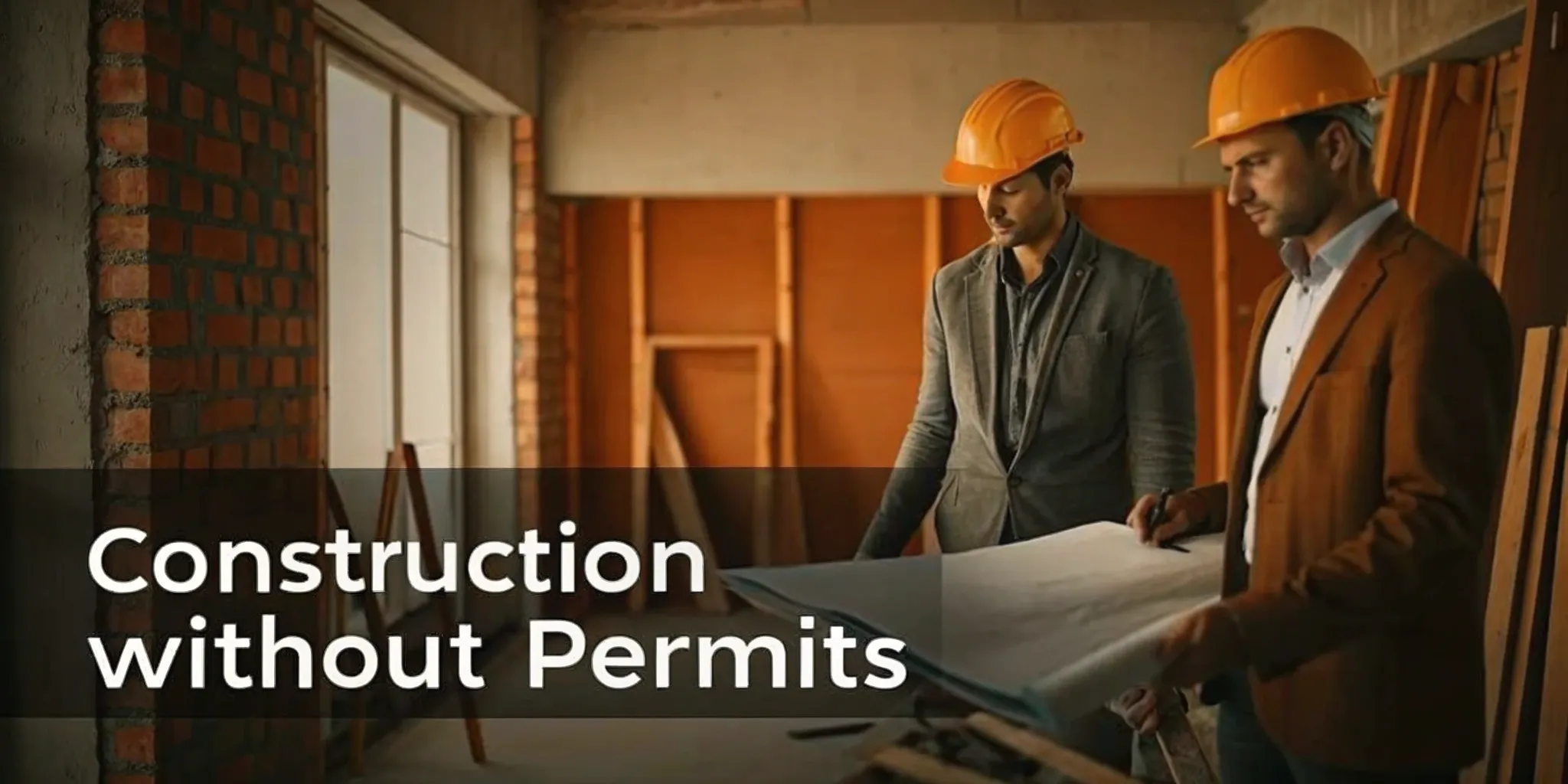 Two contractors review construction plans and permit requirements inside an unfinished home.