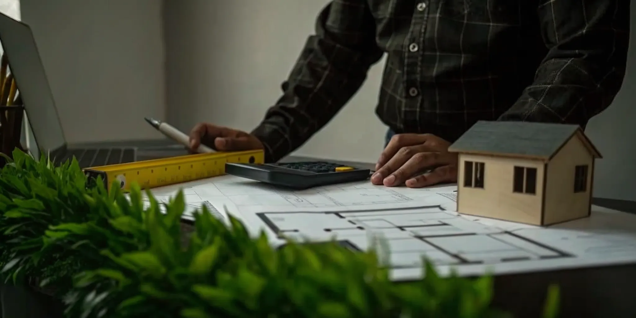 A person creating a realistic renovation budget using a calculator, floor plans, and a small house model.