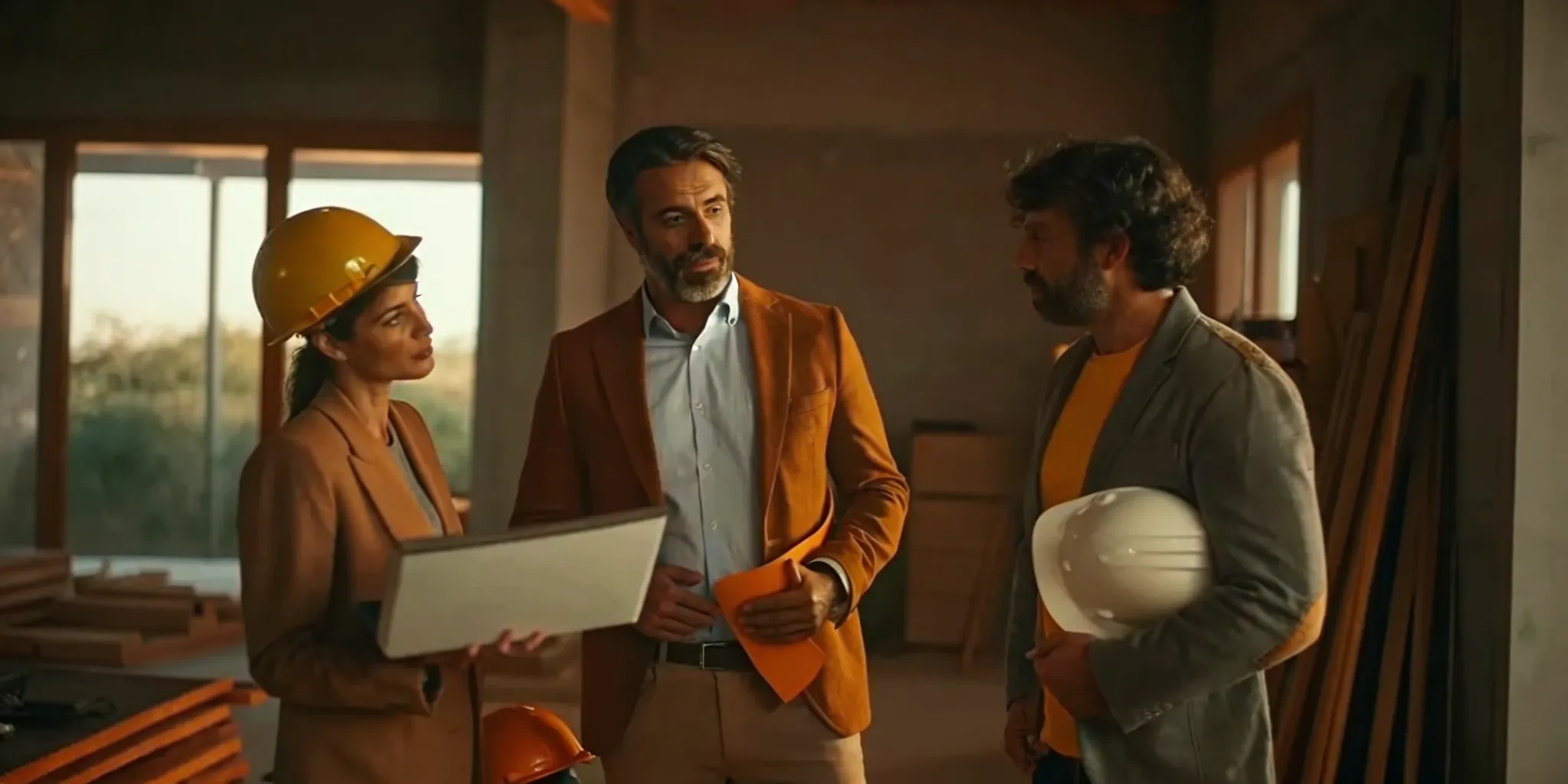 A general contractor in the Bay Area reviews building plans with clients at a construction site.