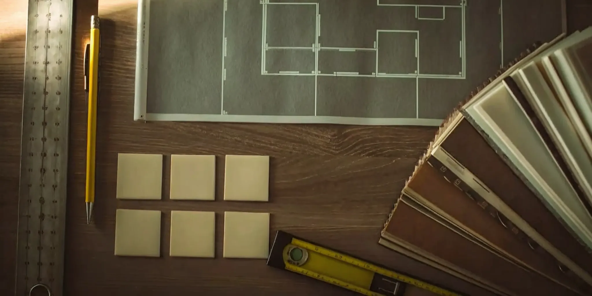 Creating a home renovation project plan with blueprints, budget sheets, and material samples.