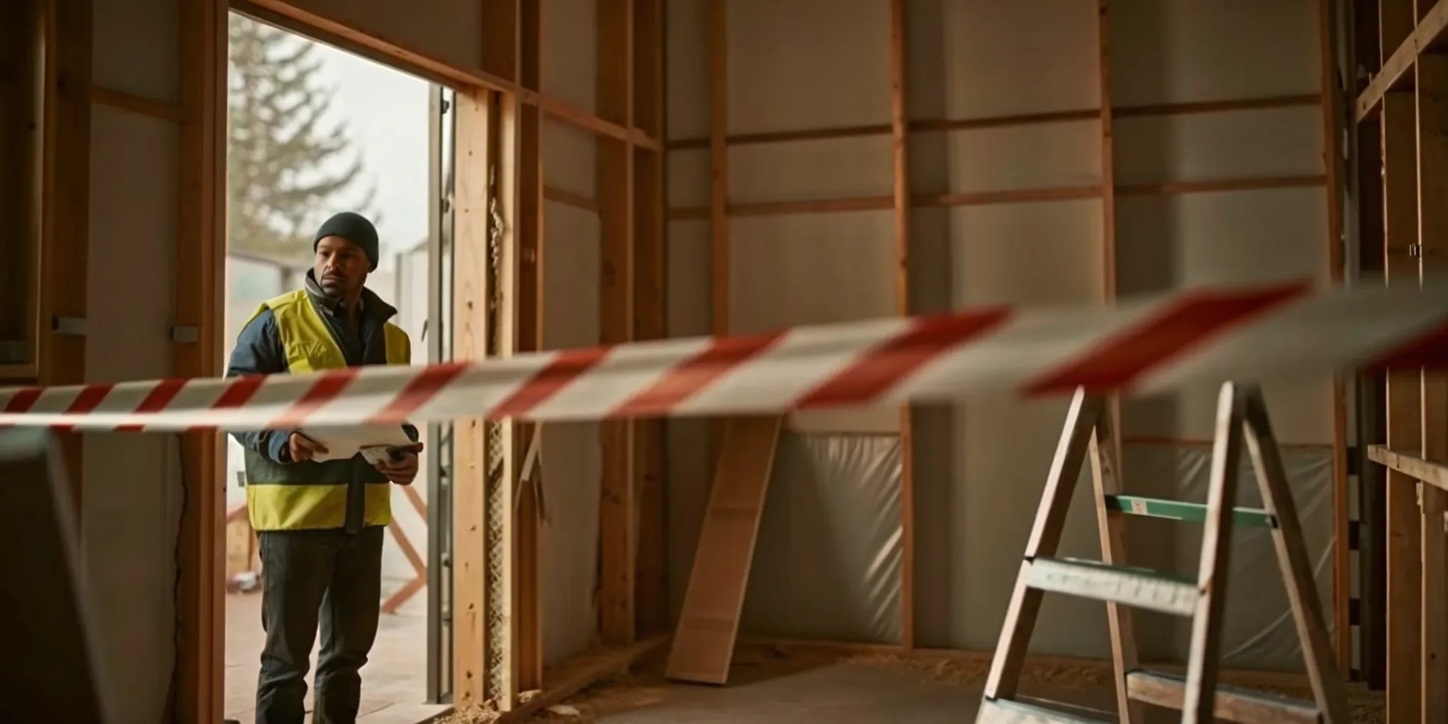Two contractors review construction plans and permit requirements inside an unfinished home.