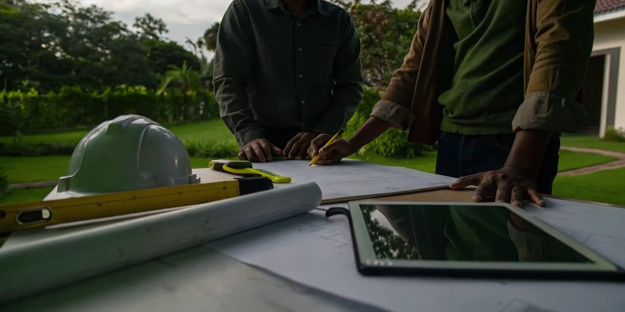 Contractor and homeowner review kitchen remodel plans to determine if a permit is needed.