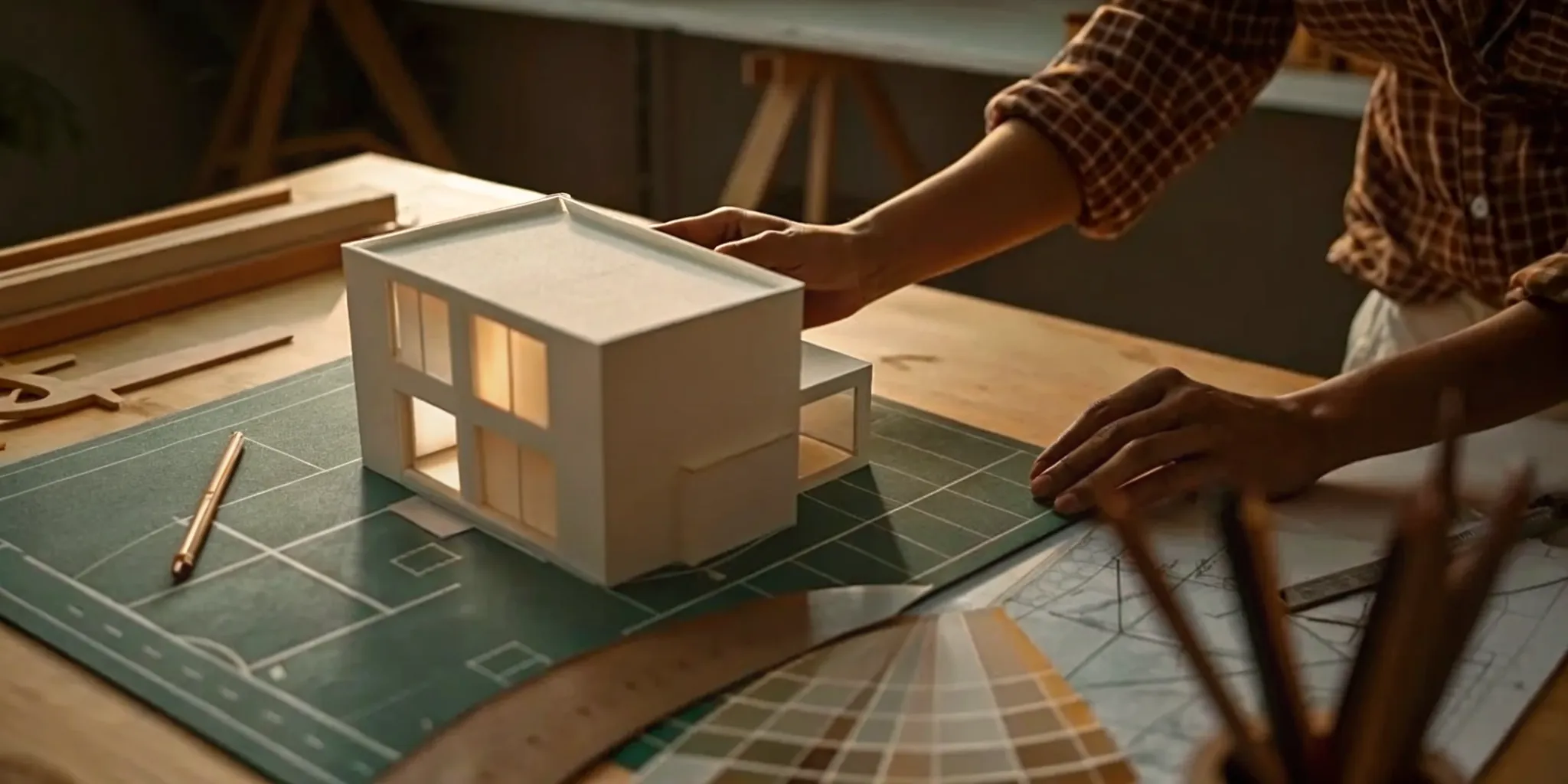 Architect creating a house renovation design plan with blueprints, a model, and material samples.