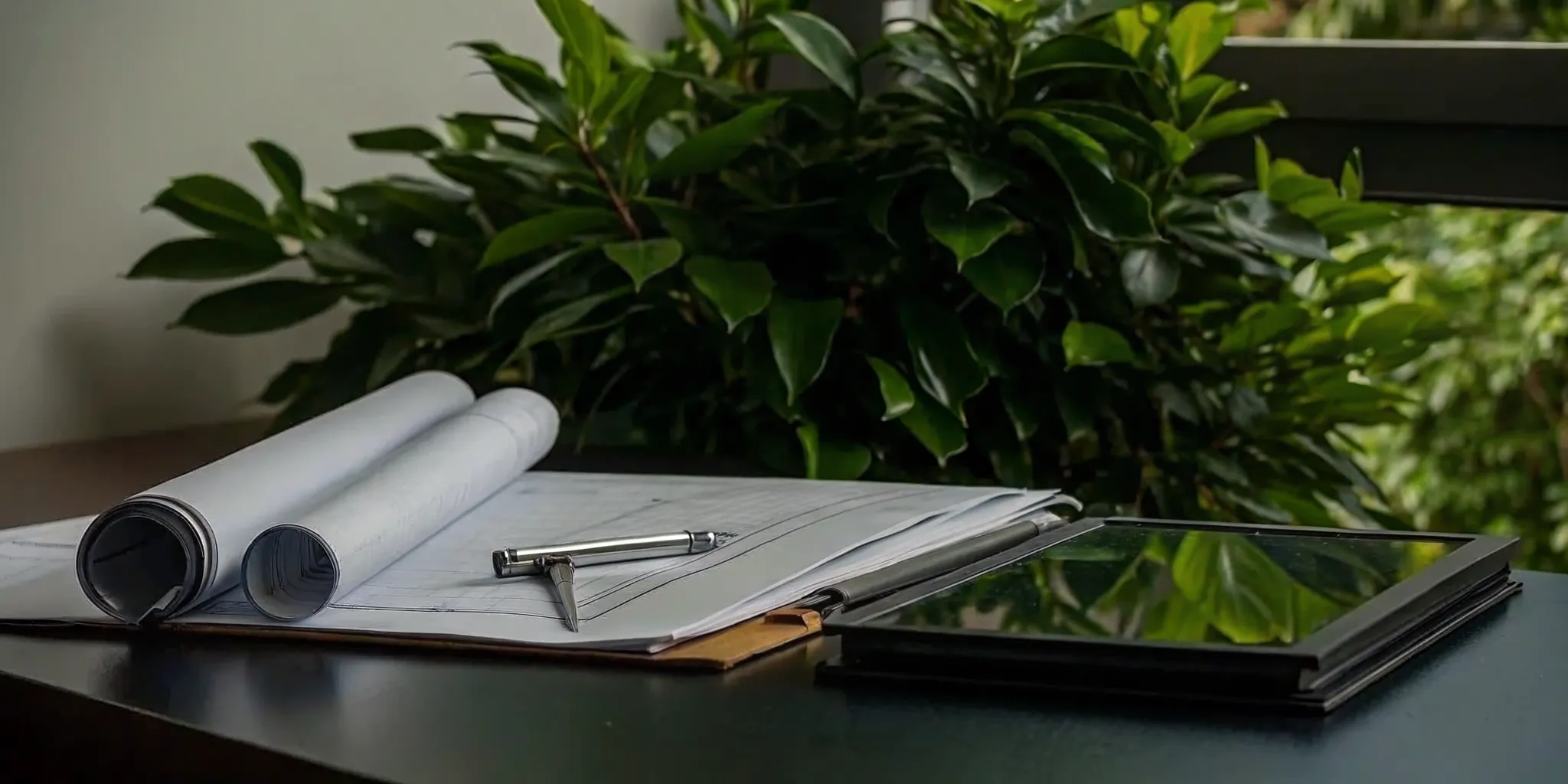 Architectural plans and a tablet on a desk for a Bellevue renovation permit.