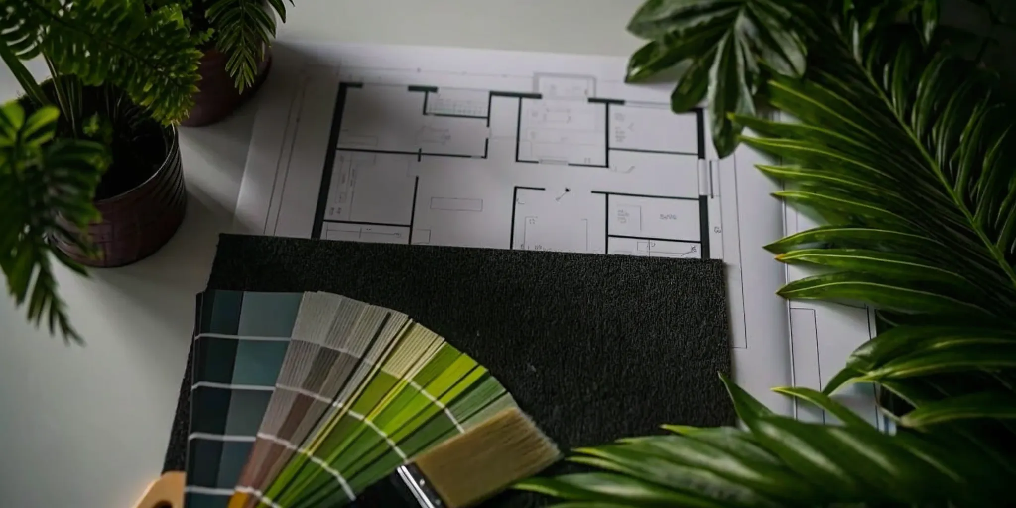A floor plan and paint swatches laid out for a beginner's guide to renovation planning.