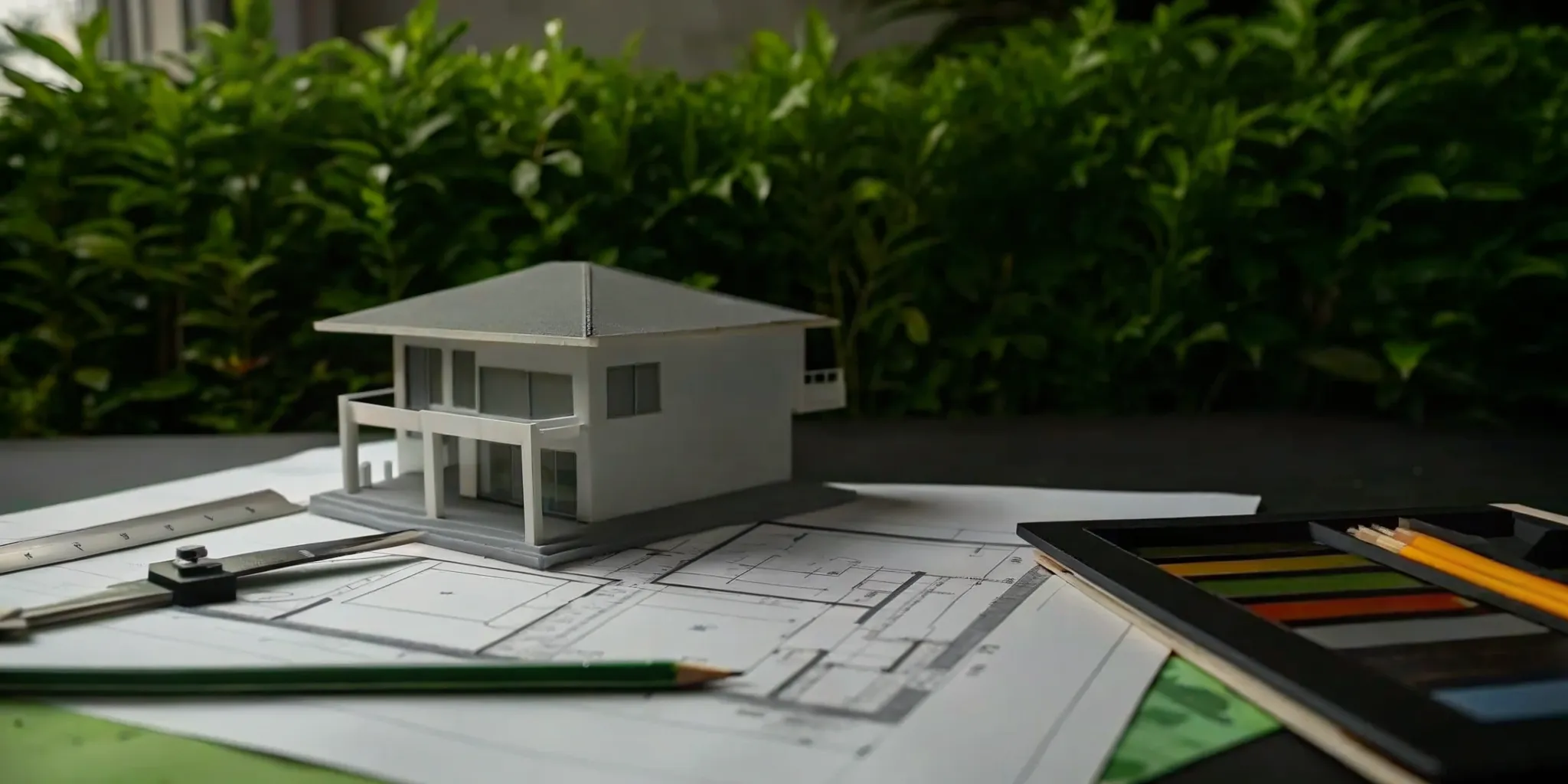 An architect's model home on blueprints with drafting tools for a home renovation project.