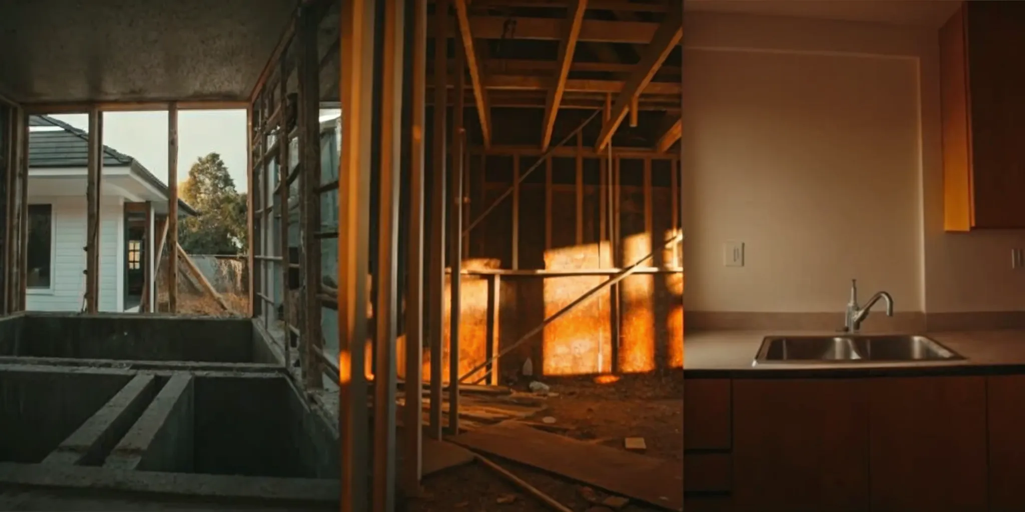 The sequence of a home renovation, showing foundation, framing, and a finished kitchen.