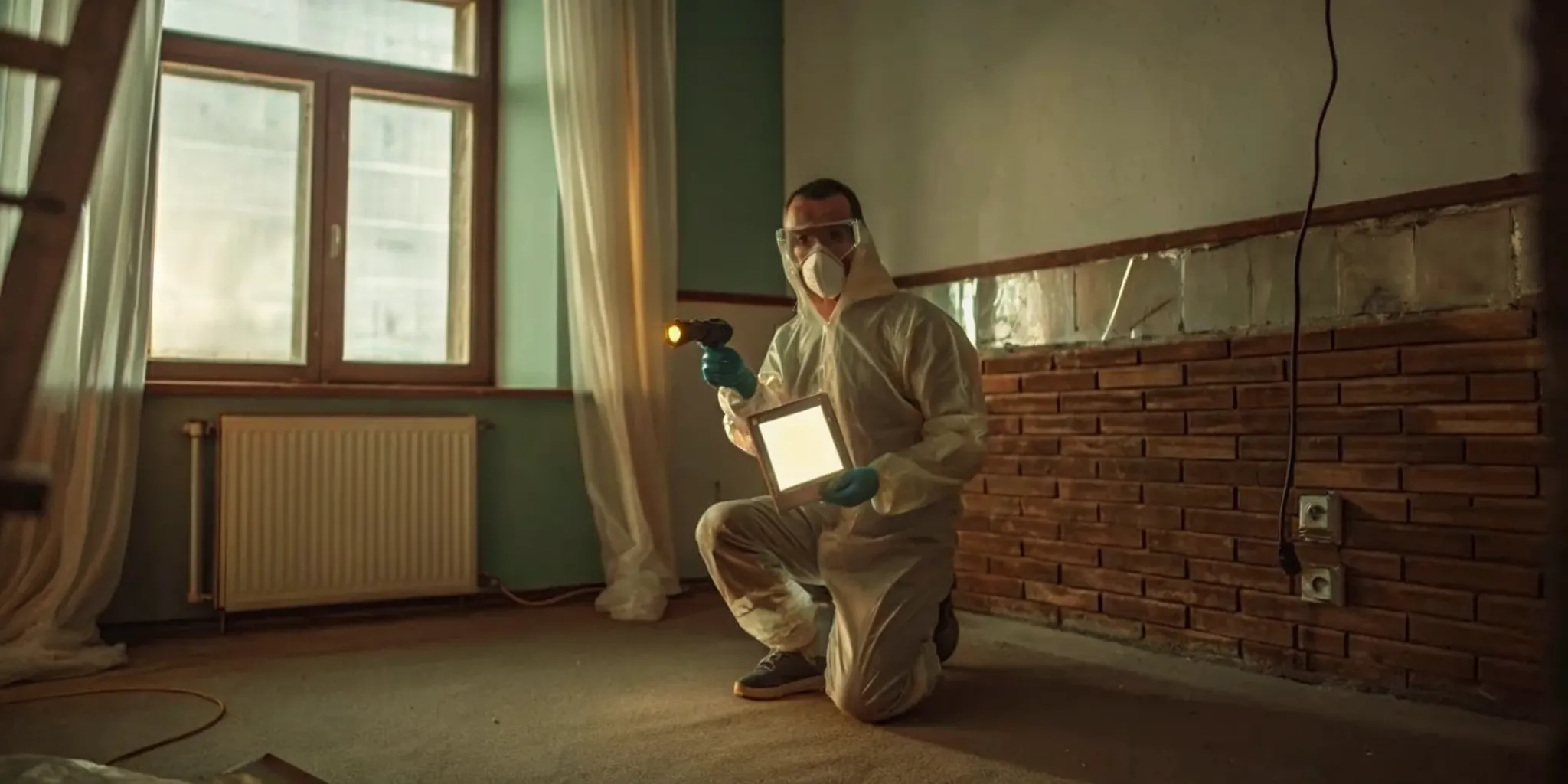Professional in protective gear inspecting for asbestos or lead paint during home renovation.