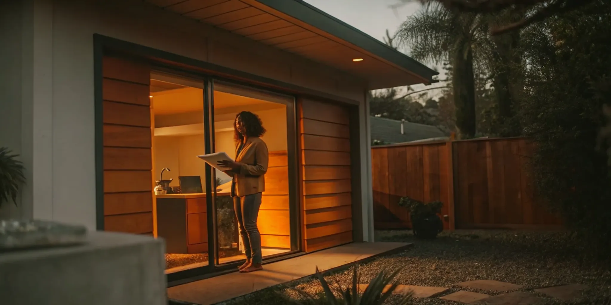 A completed garage conversion near a California home, creating a modern, legal living space.