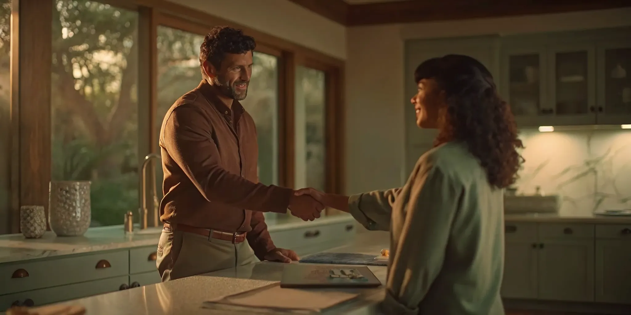 Homeowner and contractor shaking hands on a San Diego kitchen remodeling project.