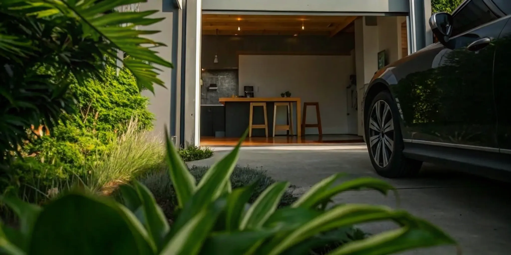 A finished garage conversion by professional contractors, with an open door showing the new living space.