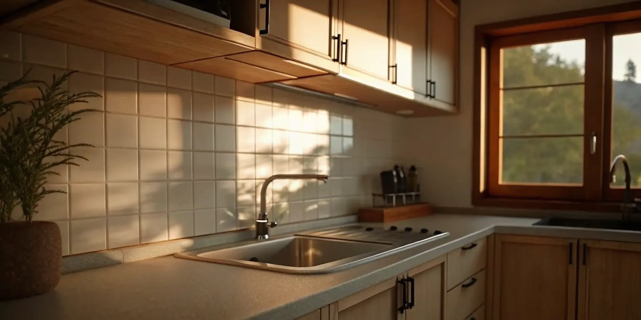 A modern small kitchen with wood cabinets, used to calculate the remodel cost per sq ft.