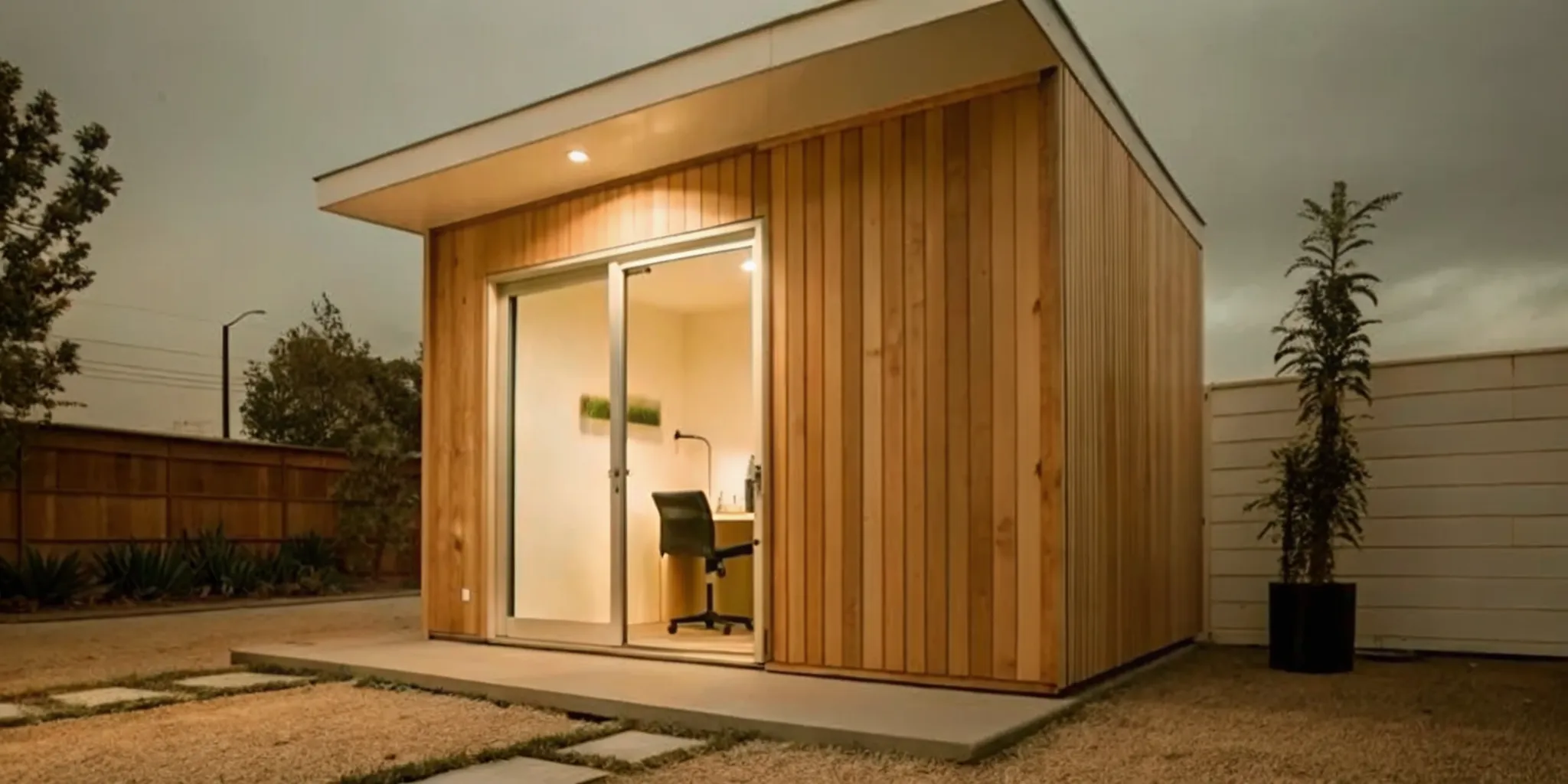 Modern prefab backyard office with wood siding and a sliding glass door.