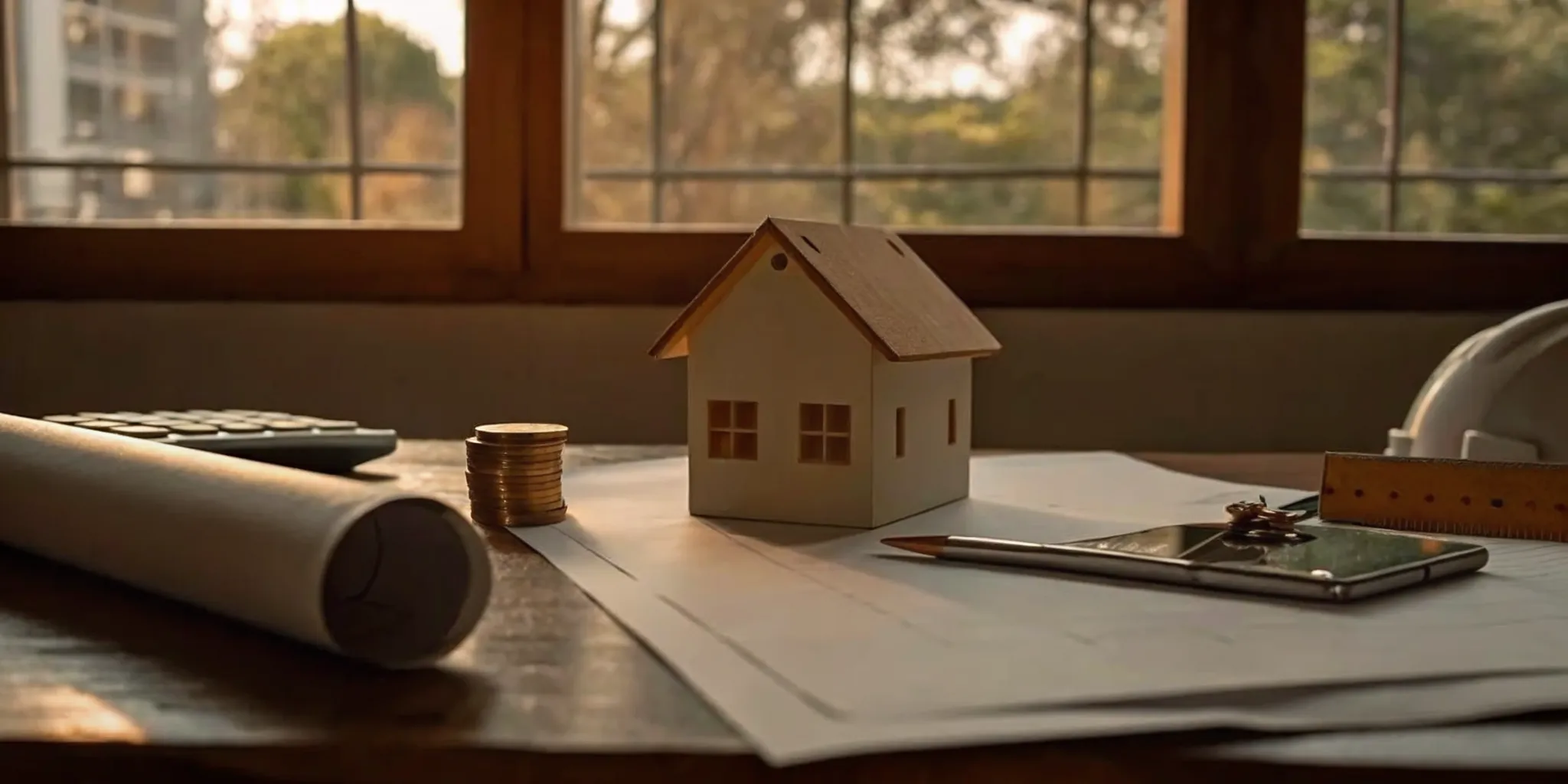 A model ADU home with blueprints and coins, weighing the cost vs value of building.