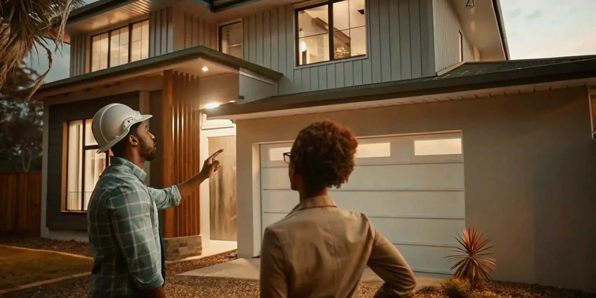 Homeowner discussing the house rebuilding process with a contractor outside a modern home.