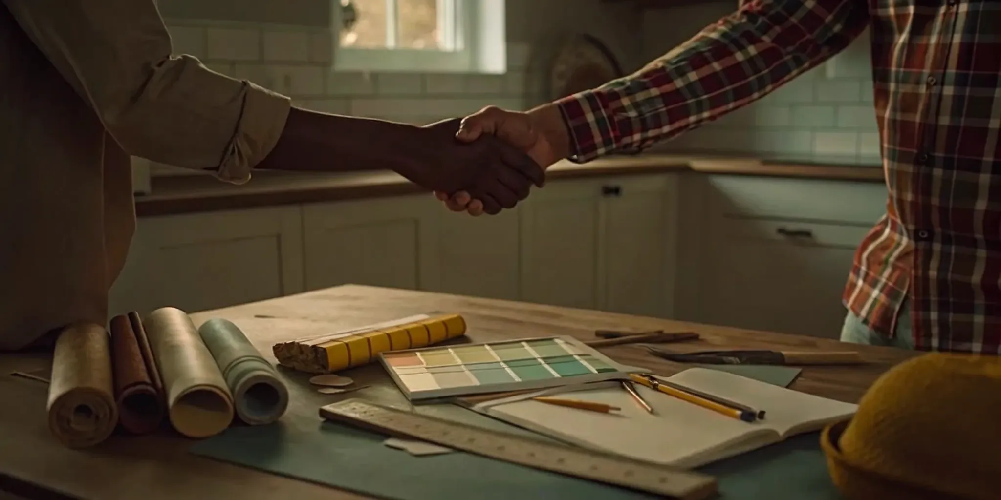Homeowner shaking hands with a small home renovation contractor over project plans.