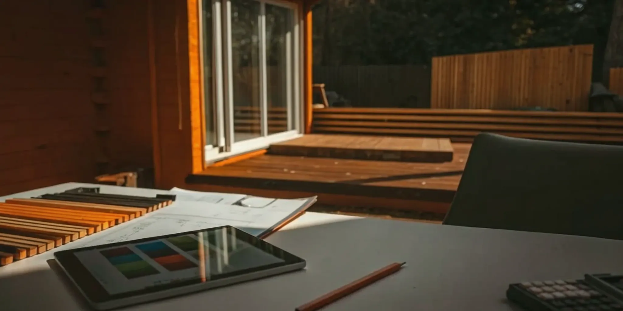 Planning a new deck with a deck building cost estimator and wood material samples.