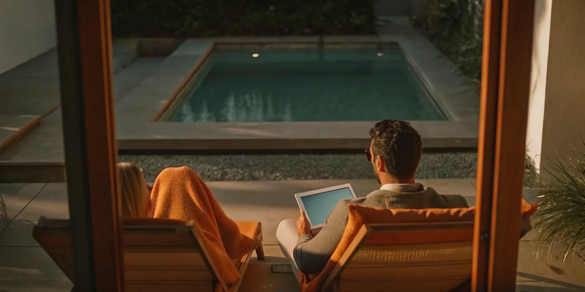 Couple relaxing by an inground pool using a cost estimator on a tablet.