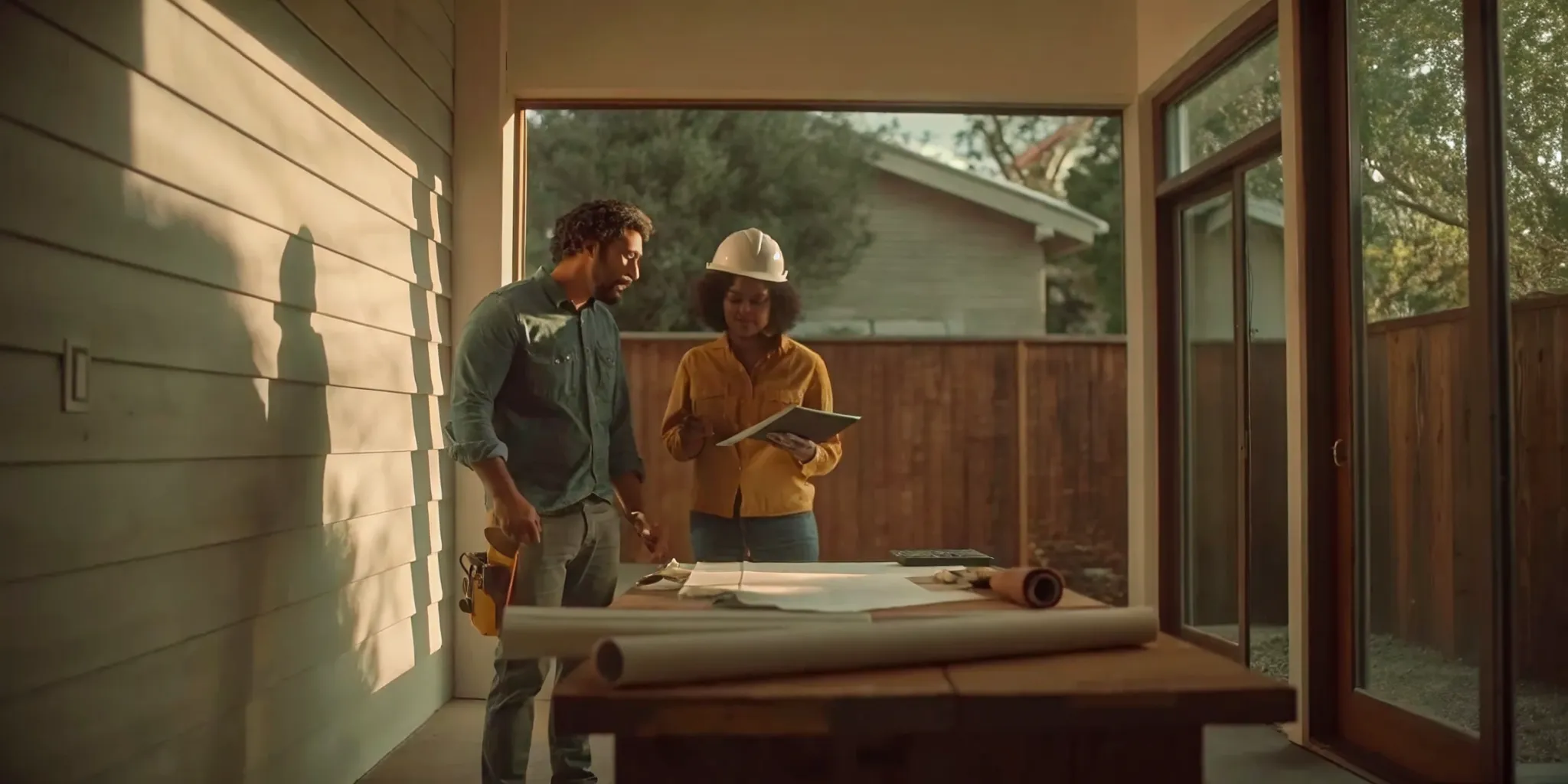Bay Area ADU builder reviewing construction plans with a homeowner.