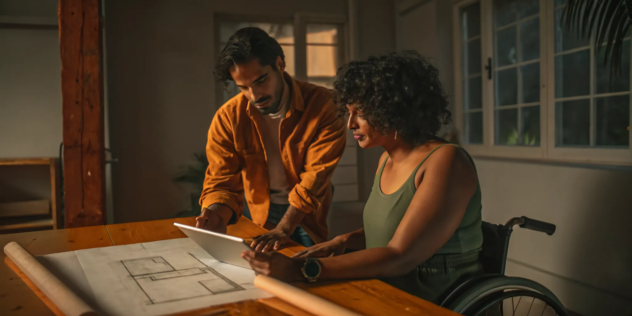 Two people, one in a wheelchair, planning an accessible home renovation with blueprints.