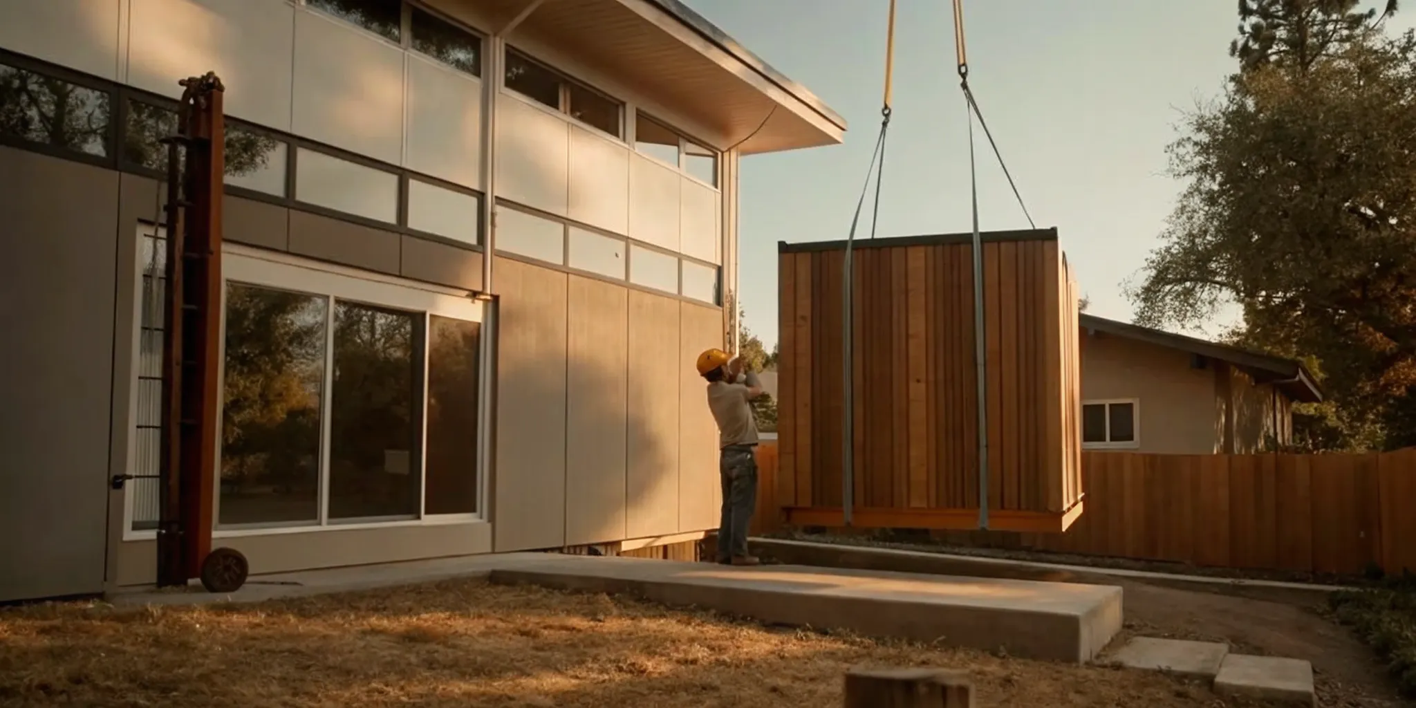 Crane lifting a pop top addition onto a modern home.