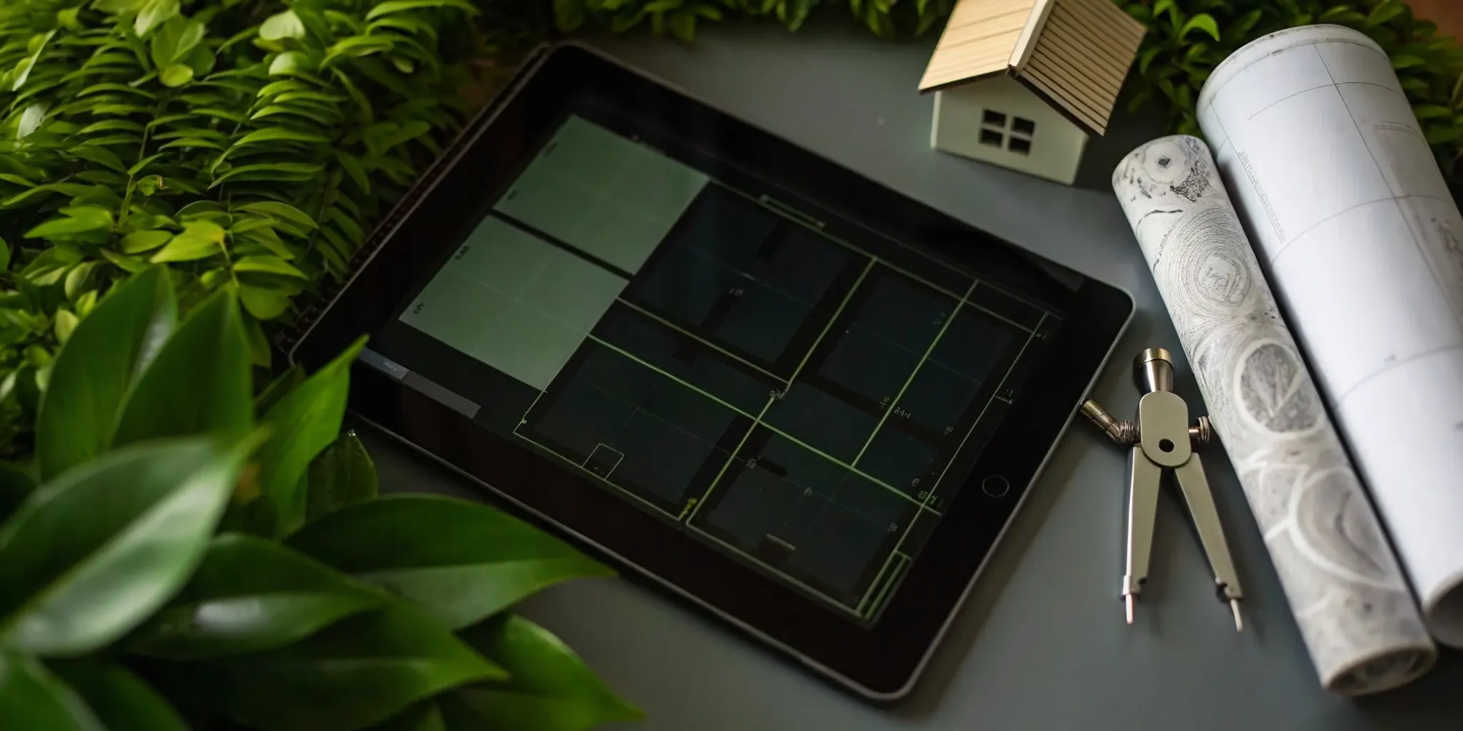 A remodeling costs calculator on a tablet with blueprints and a house model for project budget planning.